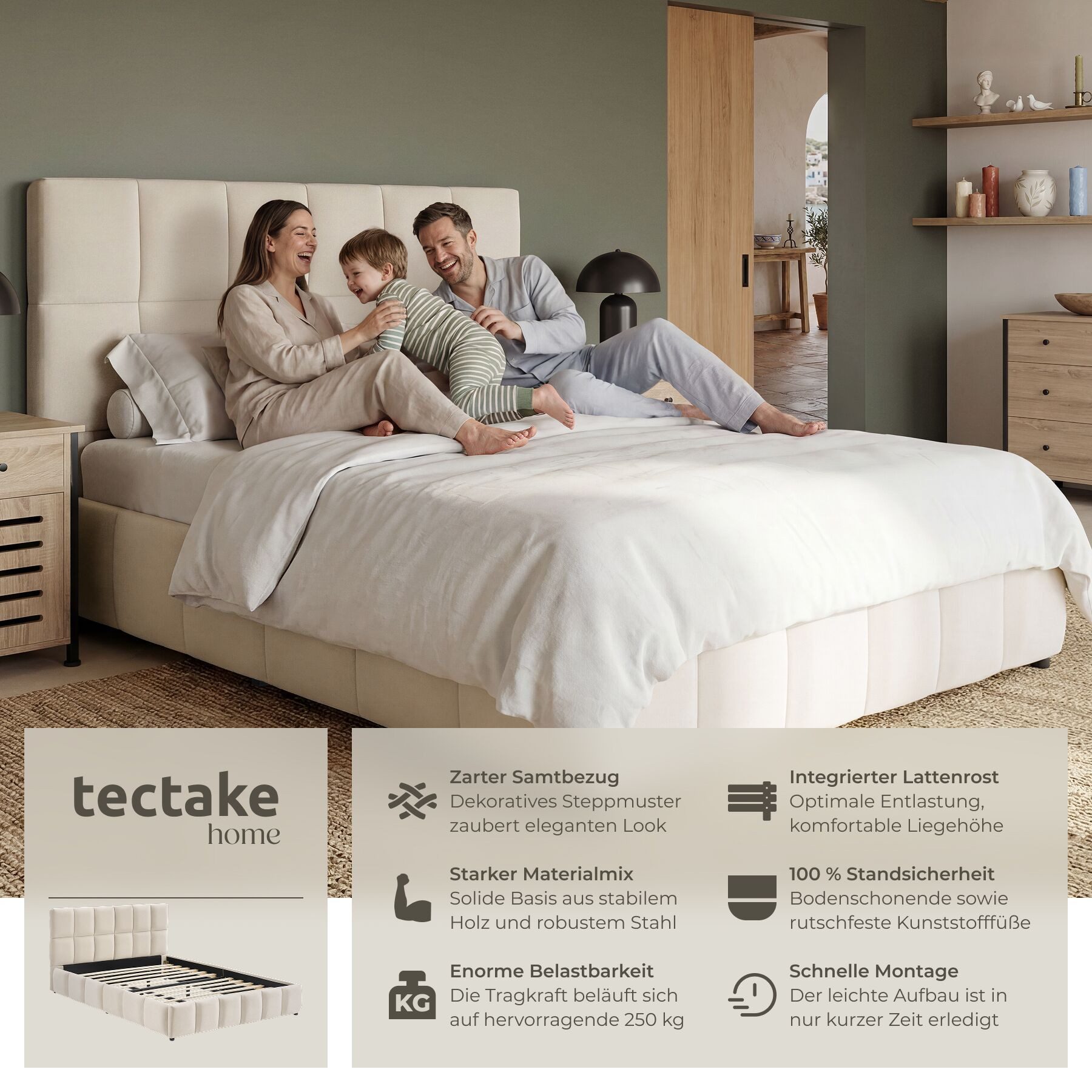 tectake Polsterbett Bettgestell mit Stahlgestell, Belastbarkeit 250 kg, pflegeleicht (Doppelbett Shirley, mit Steppmuster in Samtoptik sand), bodenschonende Kunststofffüße, integrierter Lattenrost