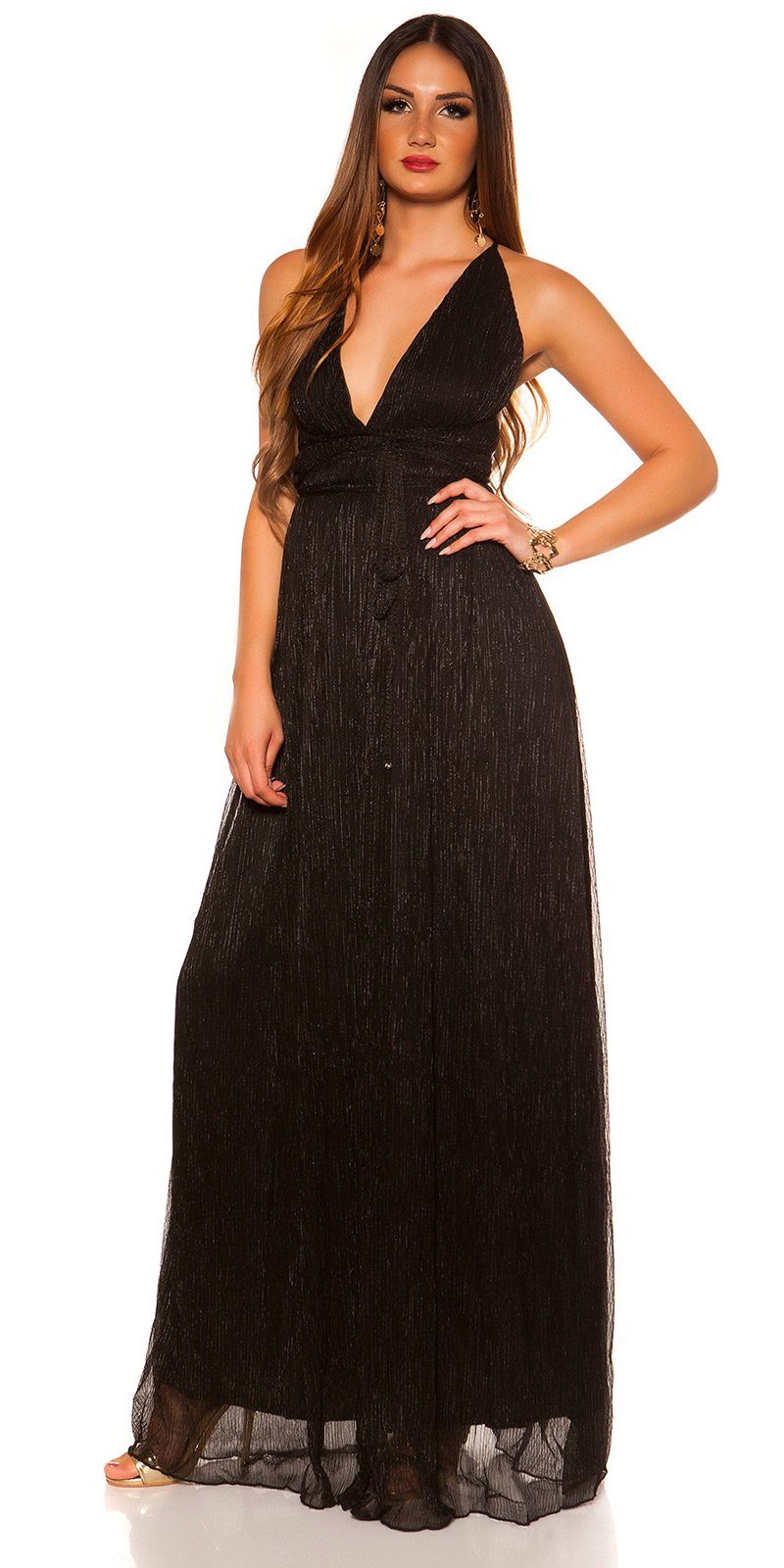 Koucla Abendkleid Maxikleid mit Rücken schwarz im offenem glänzendes, Plissee-Stil Material, Plissee glitzerndes