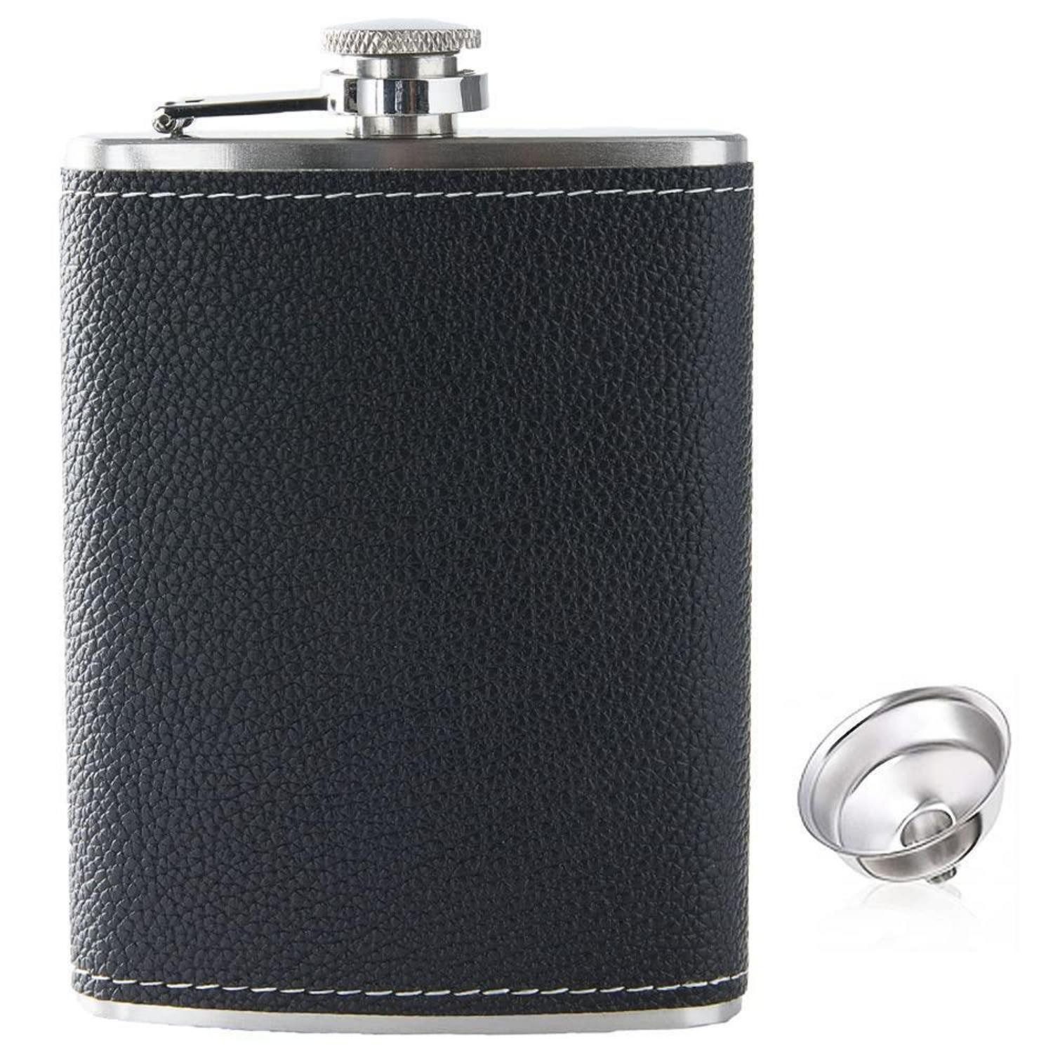 LuxusKollektion Flachmann Flachmann Edelstahl 8oz Geschenkset Schwarz in Lederoptik