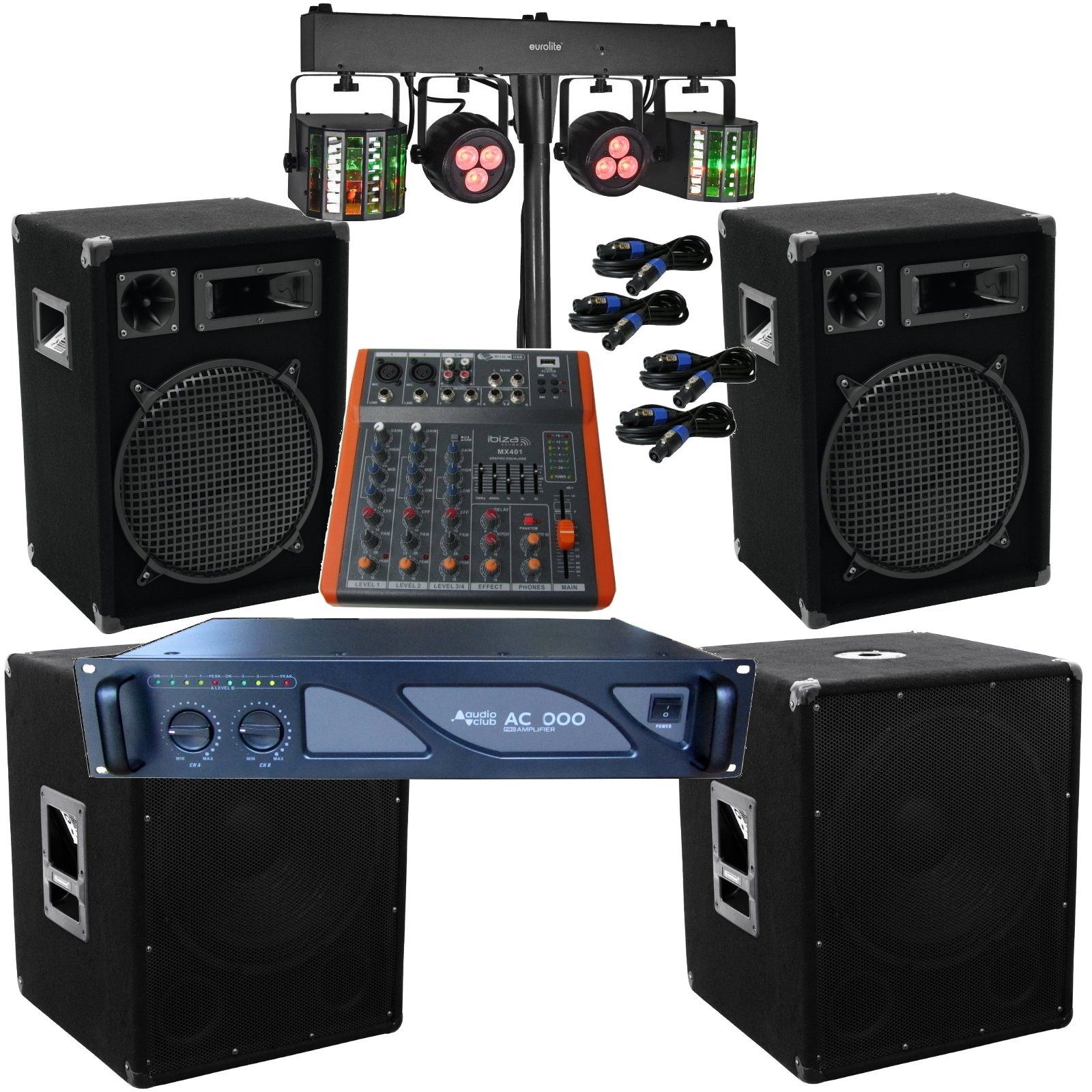 DSX 4100 Watt PA Komplett Set Mixer Anlage LED Licht Verstärke Musikanlage Party-Lautsprecher (2000 W)