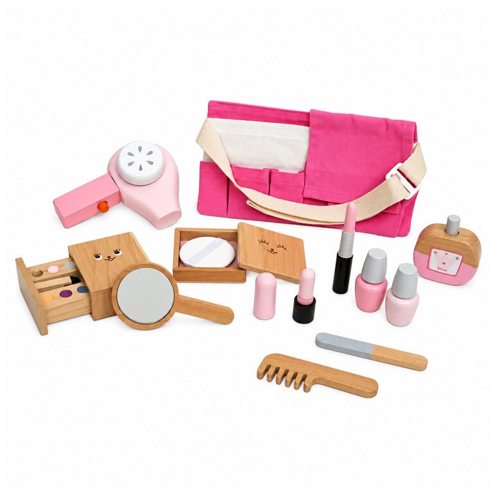 LEAN TOYS Kosmetik-Set Schminkspielzeug Schönheitssalon Kosmetiktasche, 12-tlg., 12-tlg. Set kindgerecht, 12-tlg., Holz, Tasche, Rollenspiel ab 3 Jahren