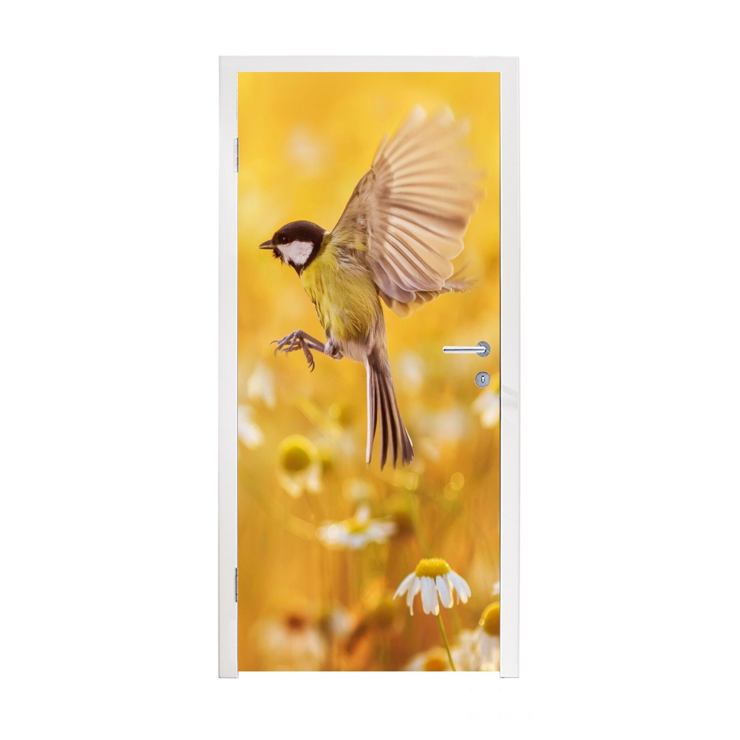 Kohlmeise - bedruckt, MuchoWow 75x205 Gänseblümchen, - Blumen cm Türaufkleber, Türtapete Matt, St), (1 Tür, für - Fototapete Vogel