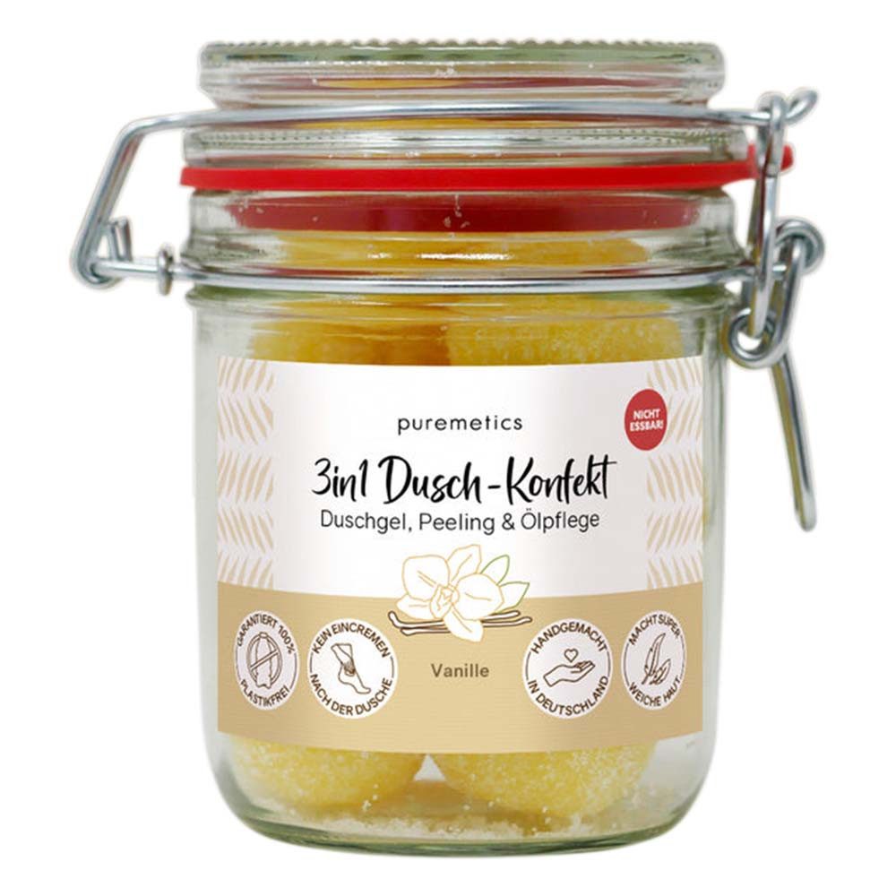 puremetics Körperpeeling 3in1 Dusch-Konfekt - Vanille 10 Stück im Dekoglas 200g
