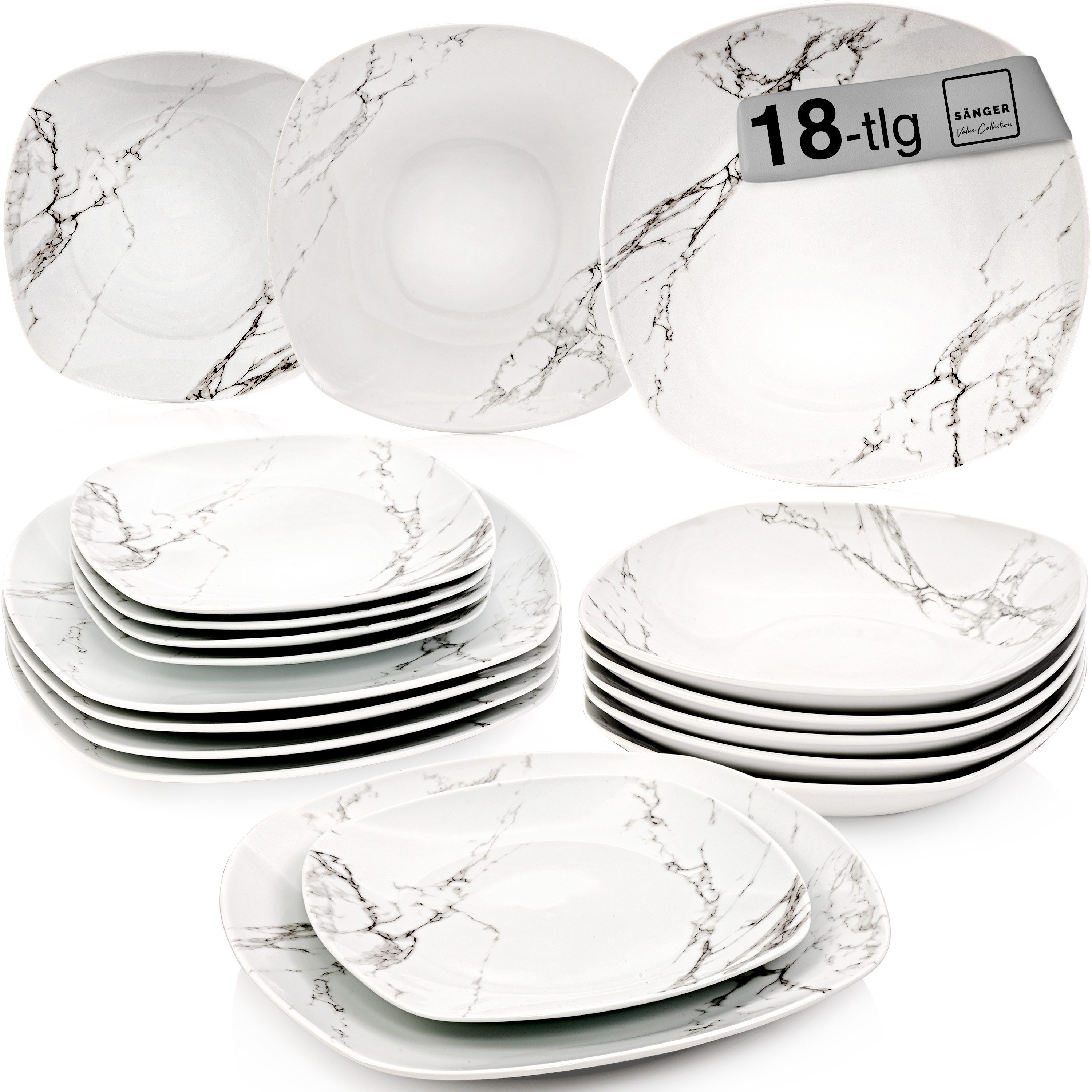 SÄNGER Tafelservice Bilgola Marmor, Weiß (18-tlg), 6 Personen, Porzellan, weiß, VALUE COLLECTION