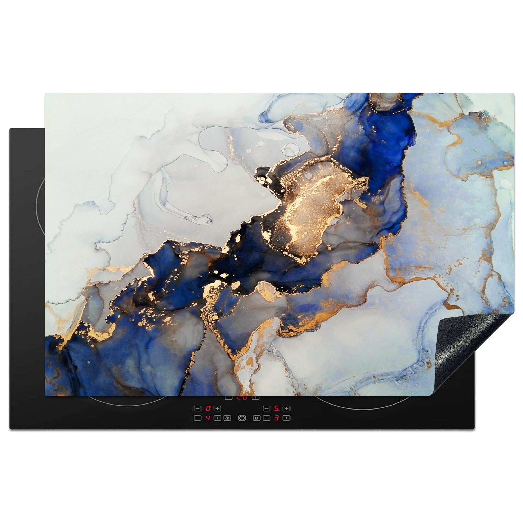 MuchoWow Herdblende-/Abdeckplatte Marmor - Blau - Gold, Vinyl, (1 tlg), 81x52 cm, Induktionskochfeld Schutz für die küche, Ceranfeldabdeckung