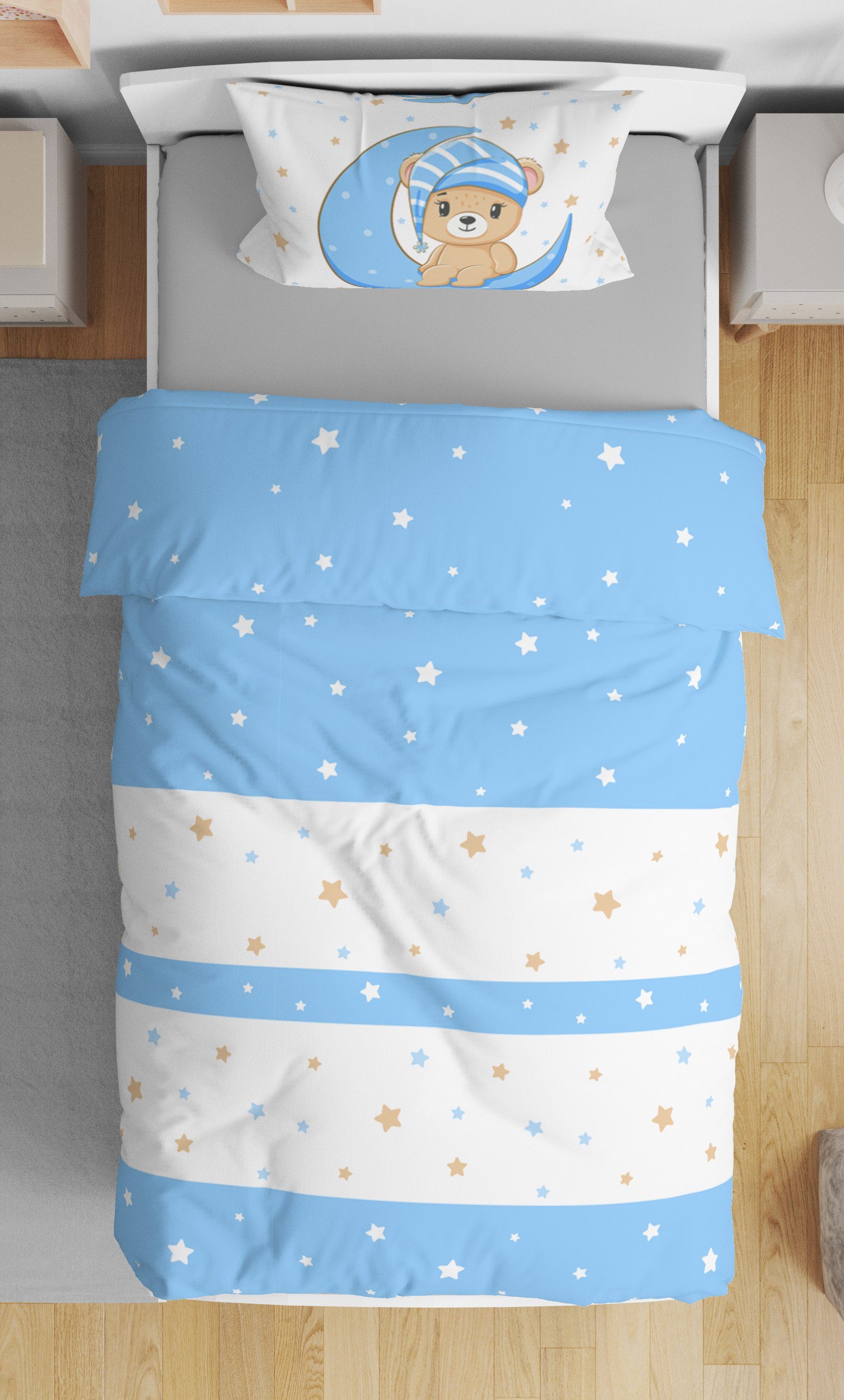 One Home Babybettwäsche Teddy Bären, Mikrofaser, 2 teilig, Mond und Sterne für Jungen, Kinder und Babybetten geeignet – Bild 2 von 5