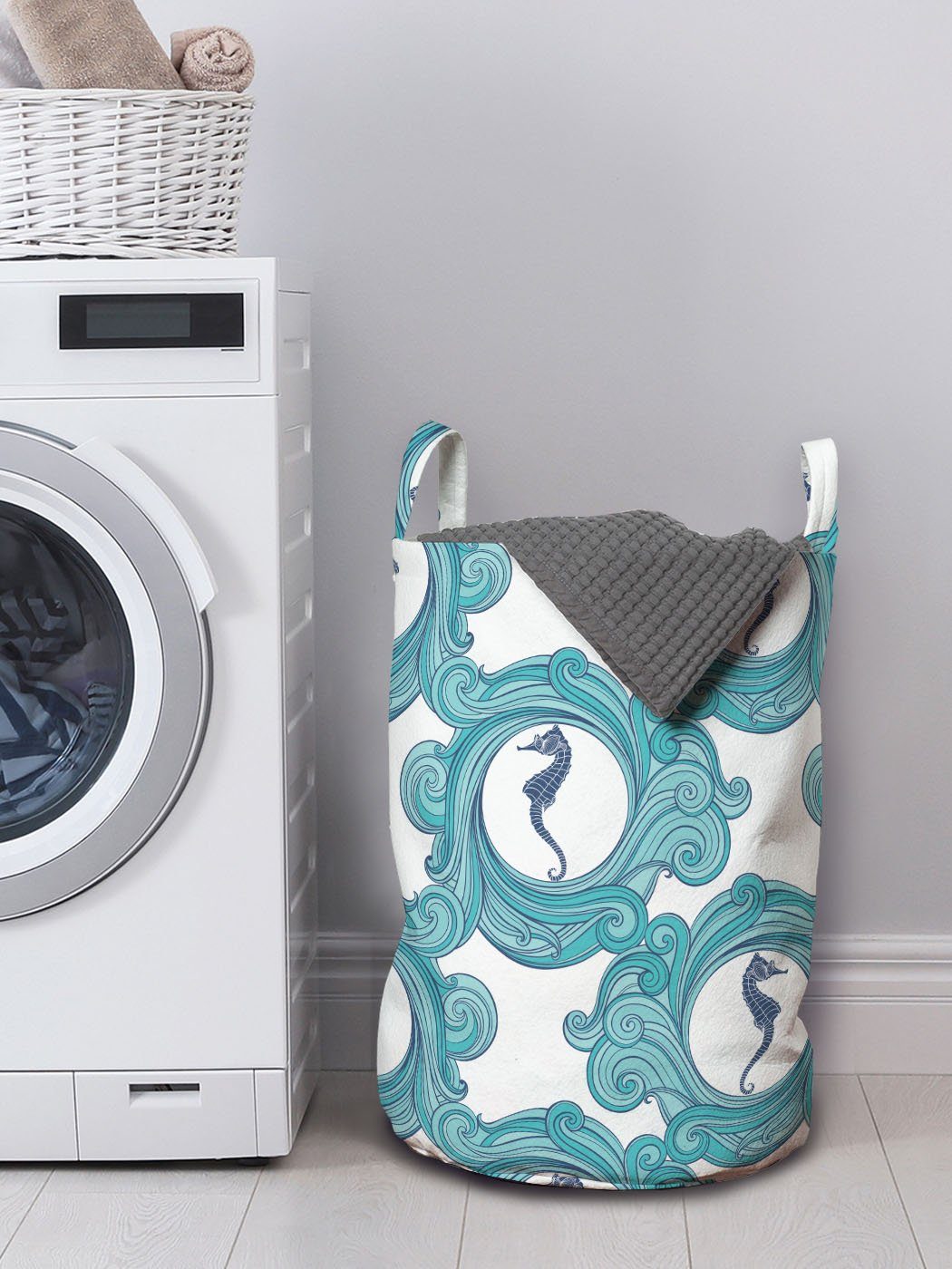 Kordelzugverschluss Abakuhaus Wäschekorb Griffen mit Rounds Seepferde Waschsalons, auf blau für Wäschesäckchen Wasser