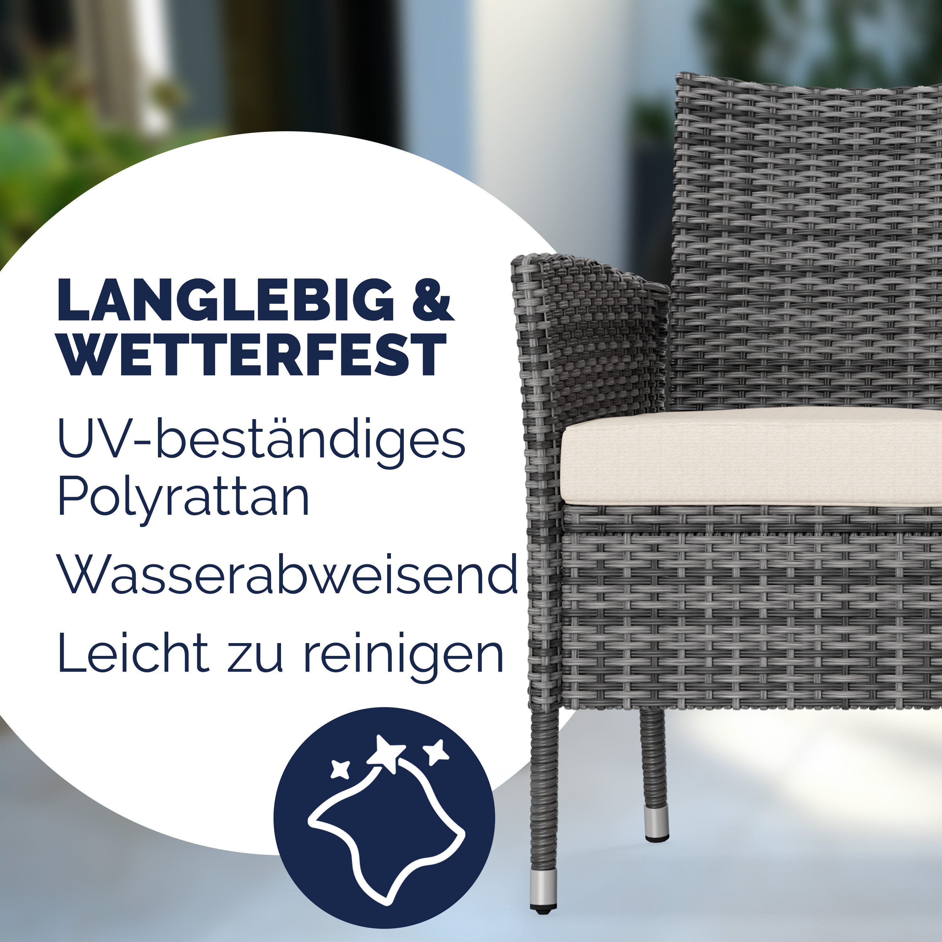 Casaria Gartenbank, inkl. Auflagen Polyrattan 320kg Belastbar Tisch Garten Grau