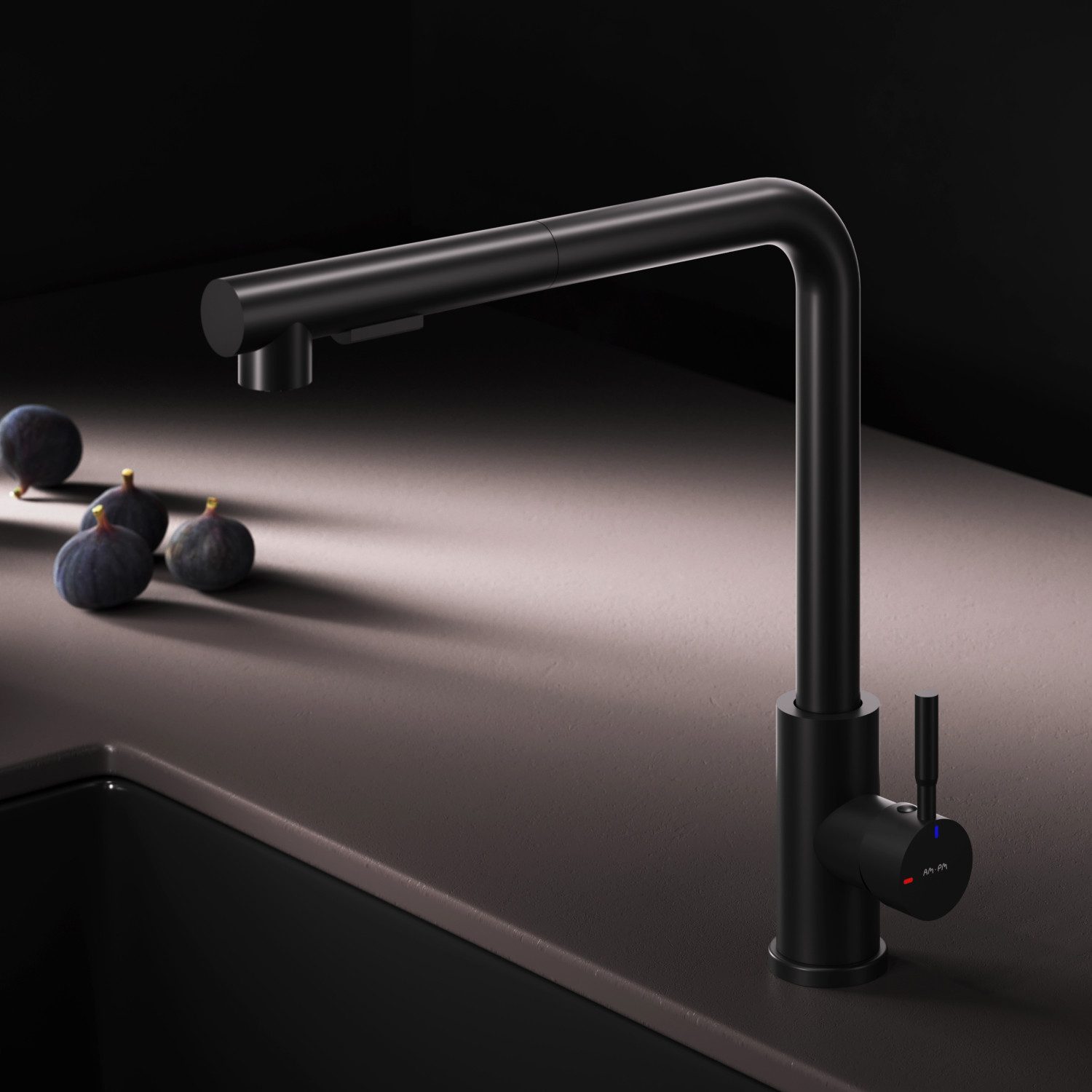 AM.PM Küchenarmatur X-JOY-S Wasserhahn drehbar Küche Spültischarmatur mit Ausziehbrause (Einhebelmischer Misch-Armatur Mischarmatur, Mischbatterie mit Brause, L-Auslauf, schwarz) ausziehbarer, flexibler und schwenkbarer Auslauf