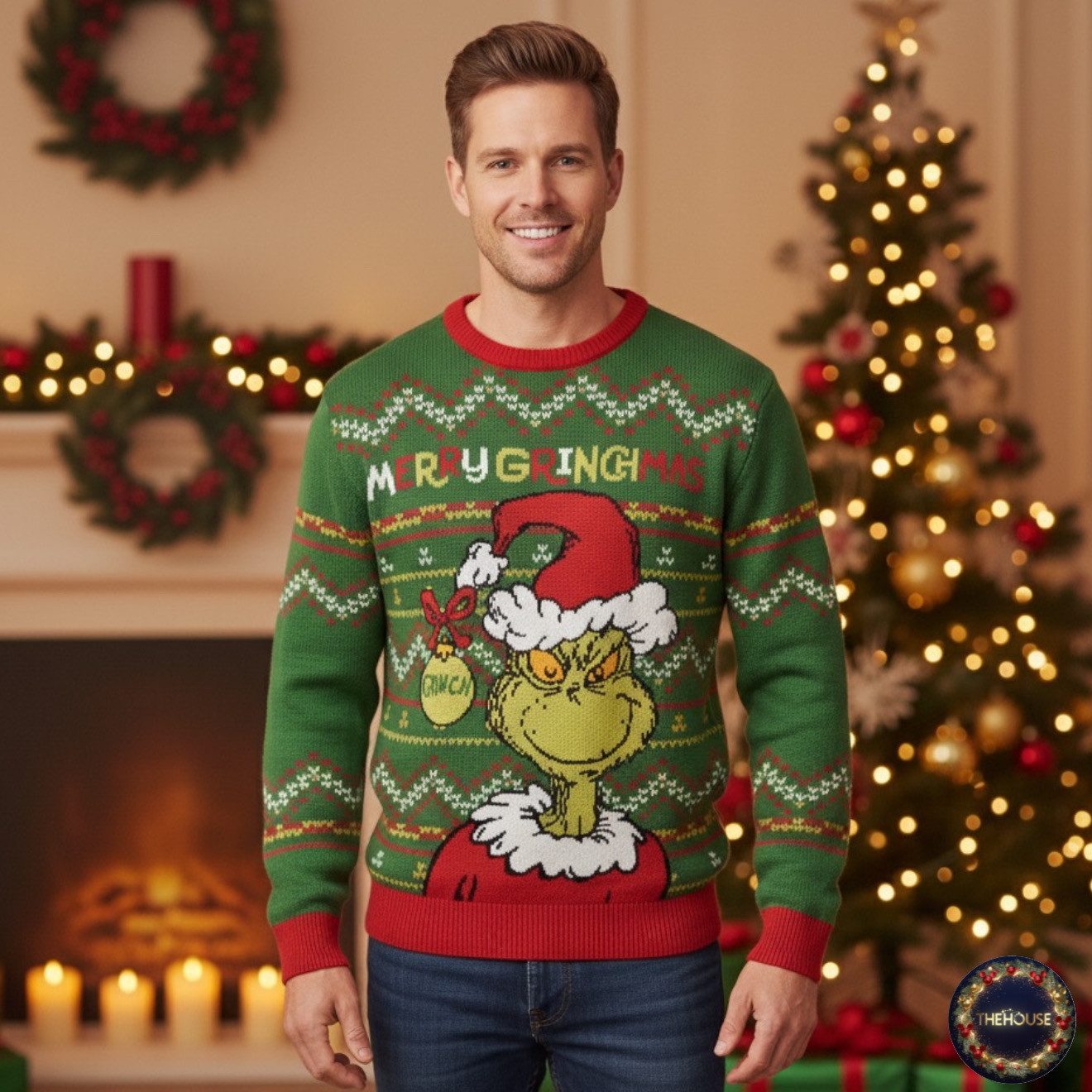 Grinch 2025 Weihnachtspullover Damen – Lustiger Strickpullover Mit Weihnachtsmotiven, Rundhals, Langarm