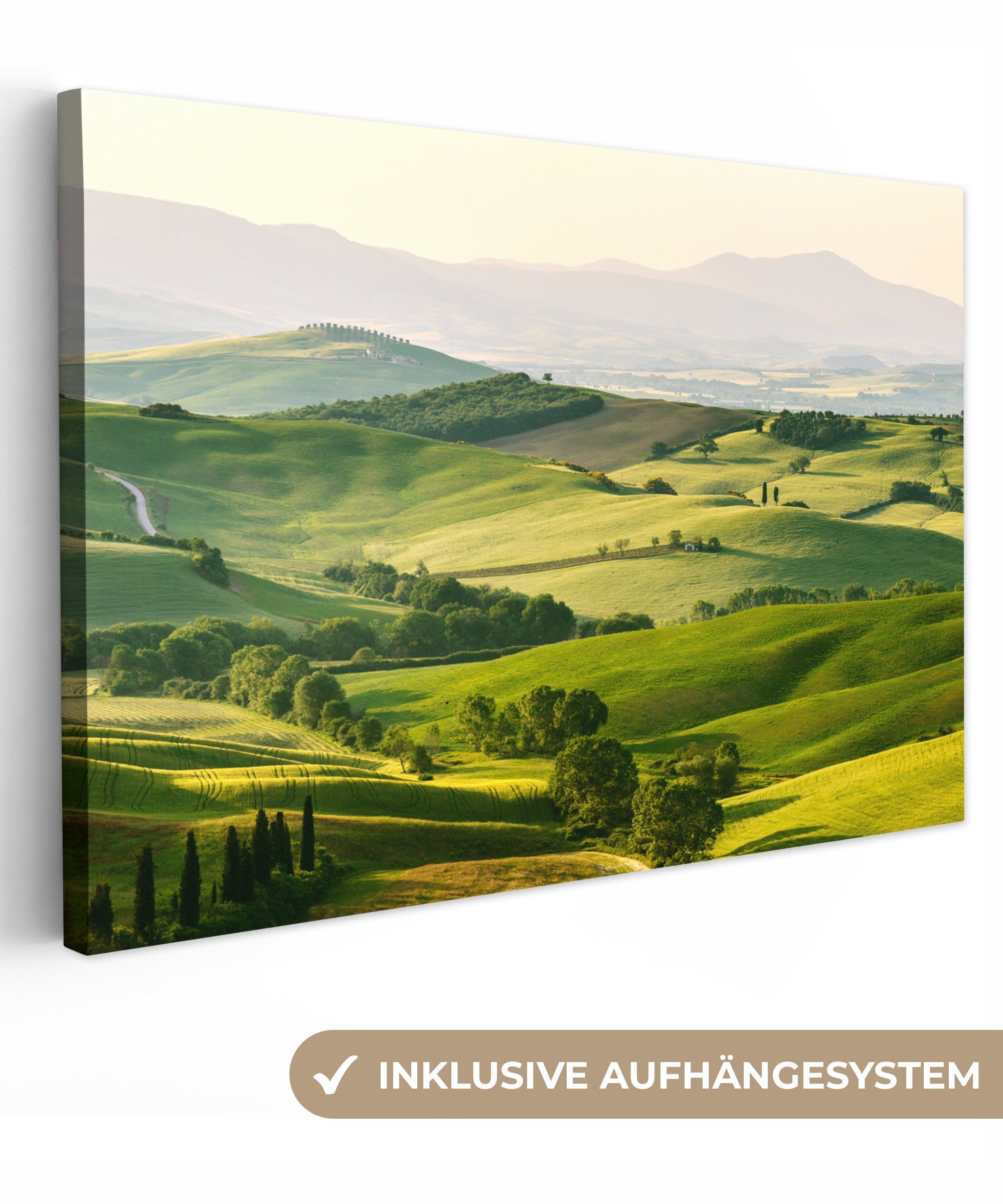 OneMillionCanvasses® Leinwandbild - Aufhängefertig, (1 Natur St), - - Leinwandbilder, Wanddeko, Wandbild 30x20 Grün cm Toskana Landschaft