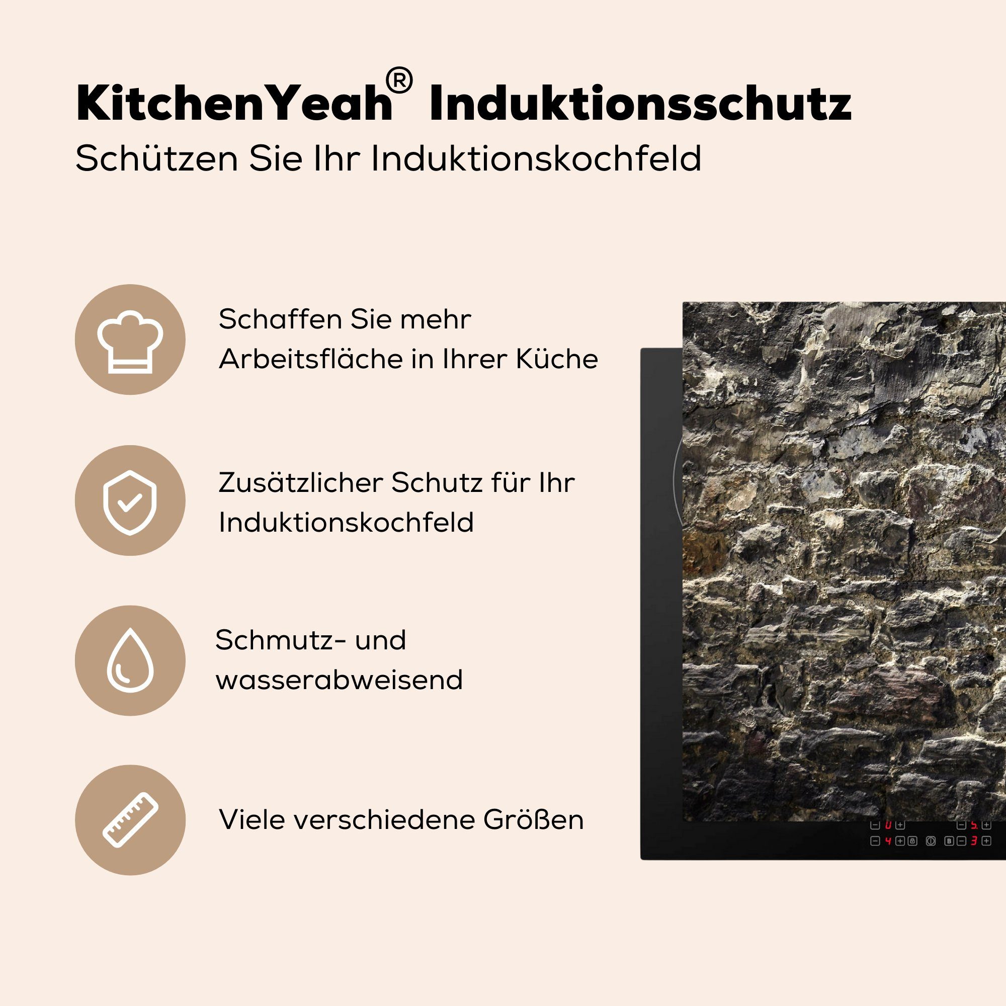 Induktionskochfeld tlg), Herdblende-/Abdeckplatte die 81x52 (1 Vinyl, Ceranfeldabdeckung Grau, - Steine für MuchoWow - cm, Wand Schutz küche,