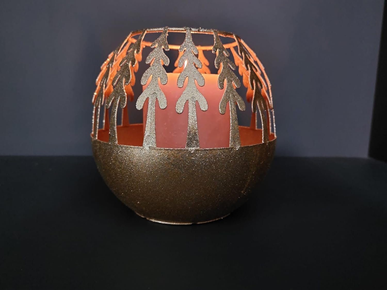 Vosteen Teelichthalter Weihnachtsdekoration, runde goldene Windlichter im Set, groß und klein (Spar Set, 2 Stück, groß und klein, 2er Set), aus Metall, mit Glitzer, Tannenbaum, Christbaum