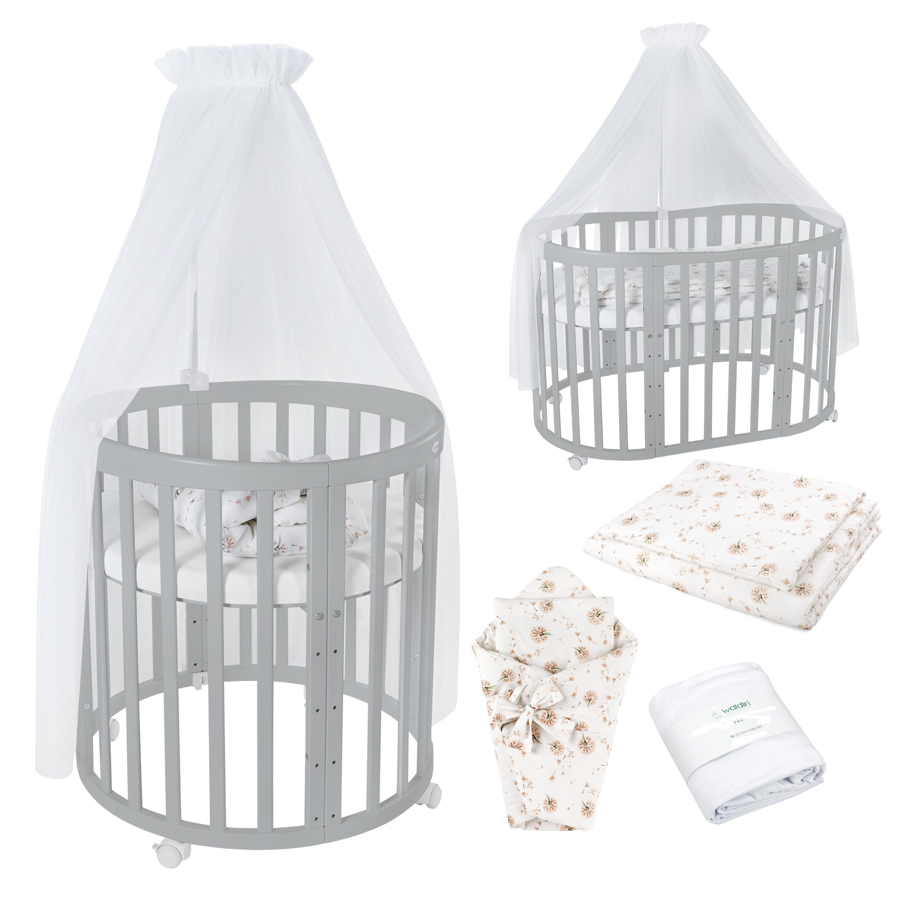 Babybett Mobiles Babybett OWAL aus Holz 7in1 mit Matratze, mitwachsend