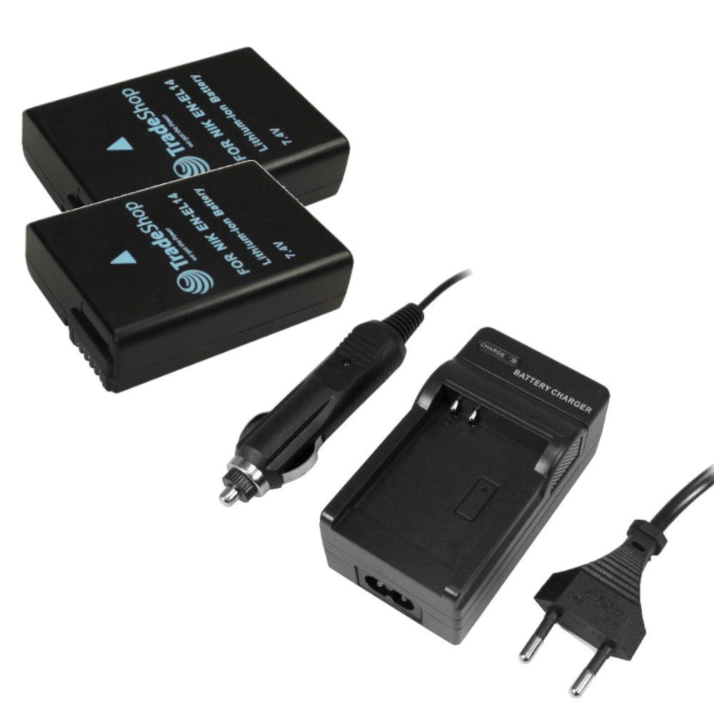 Trade-Shop 3in1 Set passend für Nikon D3100 D3200 D5100 ENEL14 Ladegerät + 2x Kamera-Akku Li-Ion 1030 mAh (7,4 V), Für 220V Steckdose und 12V/24V Kfz Zigarettenanzünder