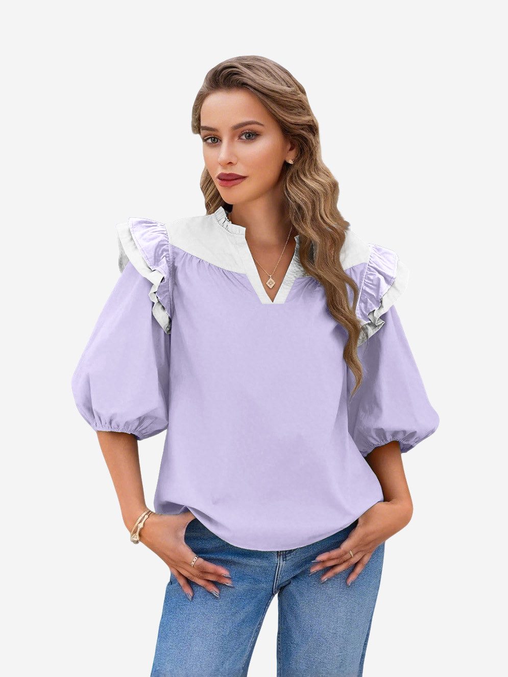 Imily Bela Rüschenbluse Damen Kurzarmbluse mit Farbblock-Falten (Packung, 1-tlg., 1per-Pack) aus Baumwolle