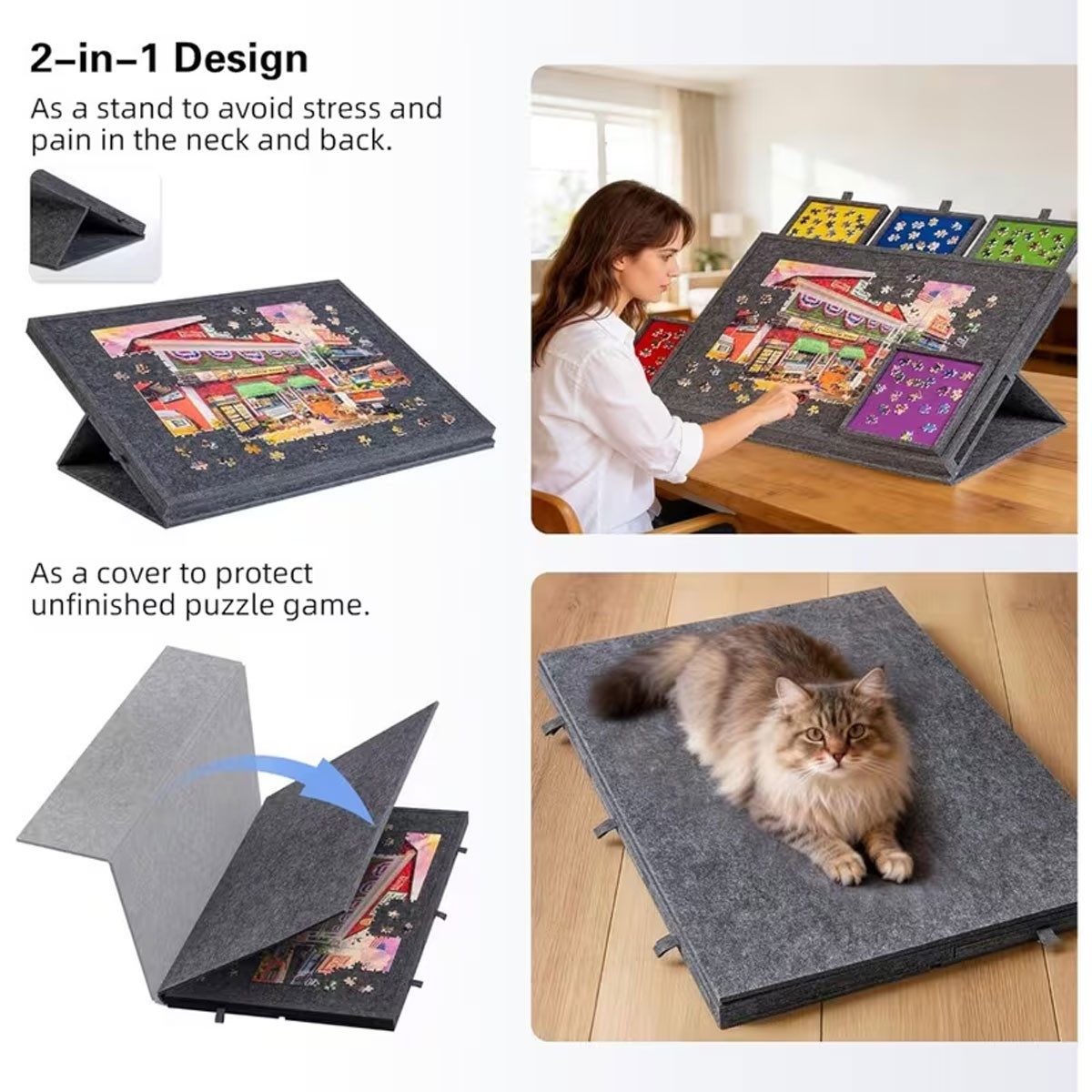 Pdgrid Puzzleunterlage Filz-Puzzleplattform mit 2-in-1-Ständer und Abdeckung tragbarer, mit 6 Schubladen für Erwachsene, bis zu 1000 Teile