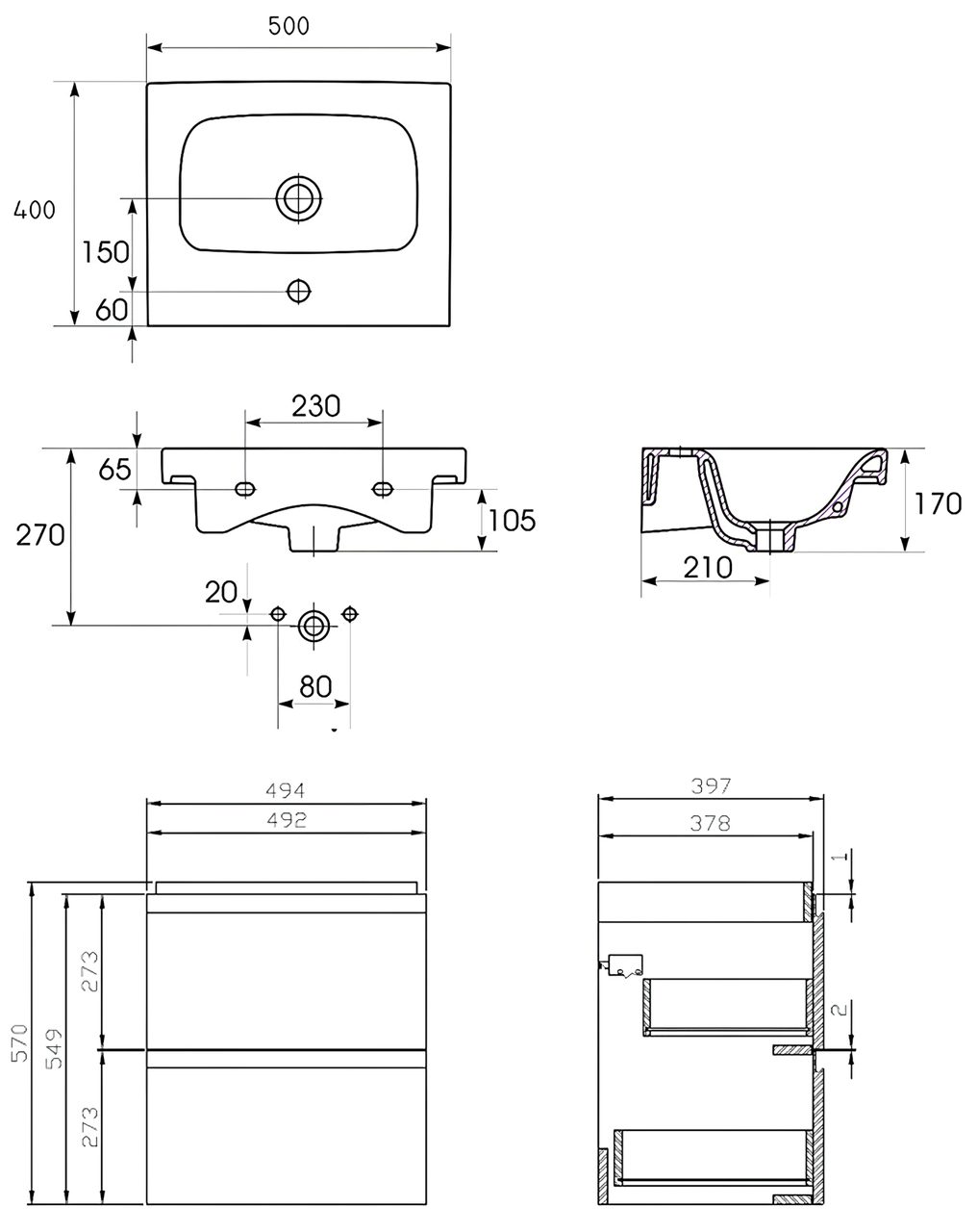 MODUO Schubladen 160x40x34, Waschbecken-Unterschrank Keramikwaschbecken & Grau KOLMAN Hochschrank mit Badmöbel-Set 50 mit