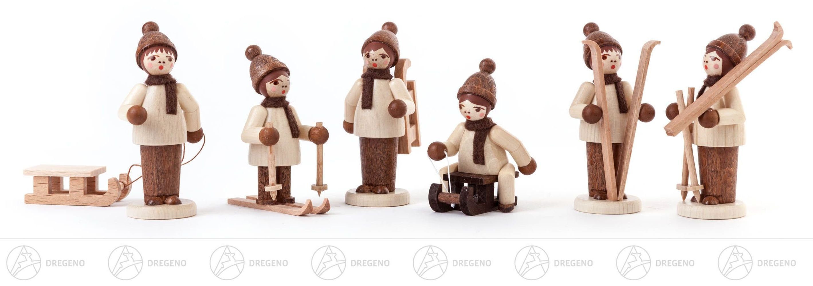 Dregeno Erzgebirge Weihnachtsfigur Miniatur Wintersportler natur (6) Höhe ca 6 cm NEU