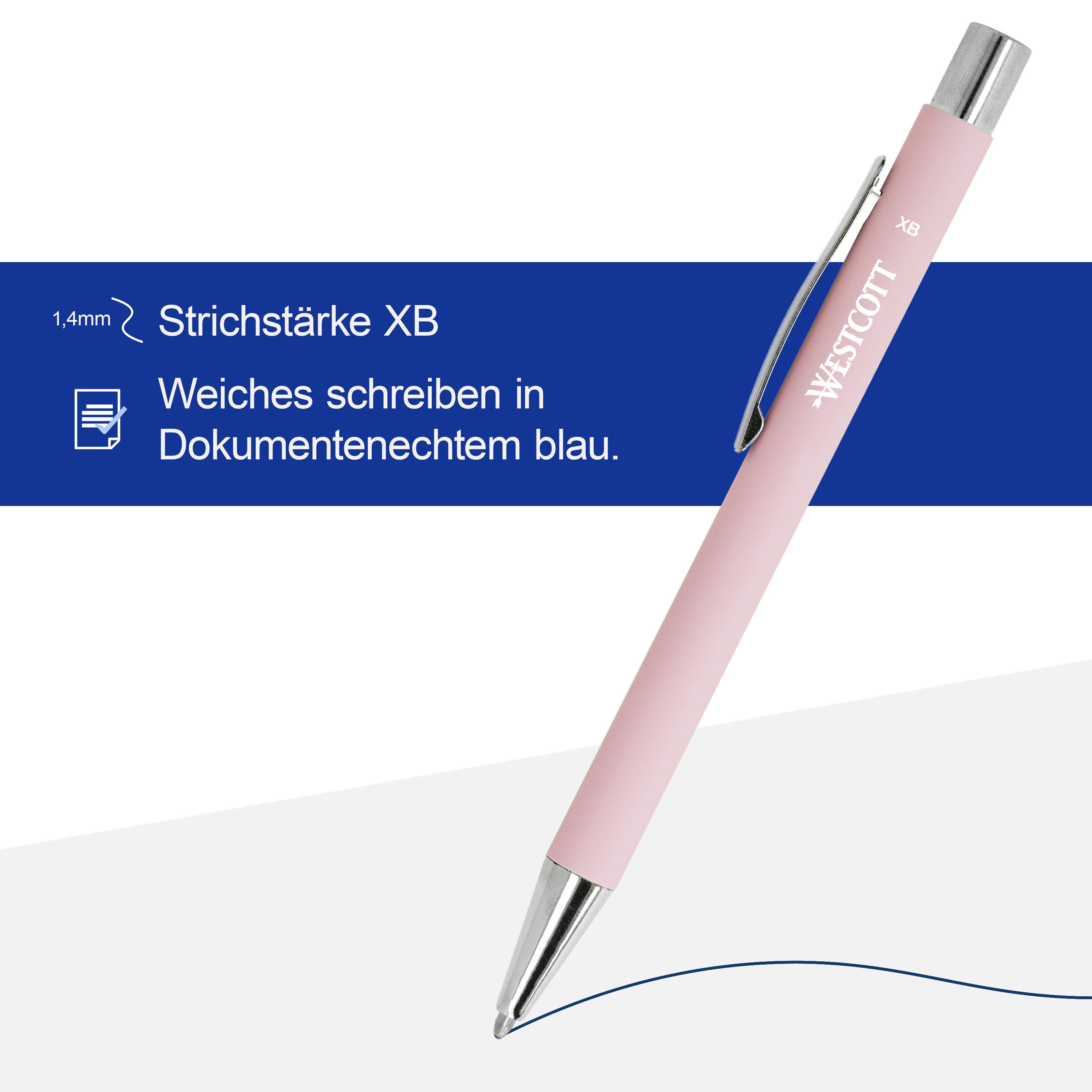 WESTCOTT Druckkugelschreiber Premium Kugelschreiber 5 Stück Rosa, XB 1,4mm blaue Tinte, (Vorteilspack, 5-tlg), aus Aluminium, dokumentenecht