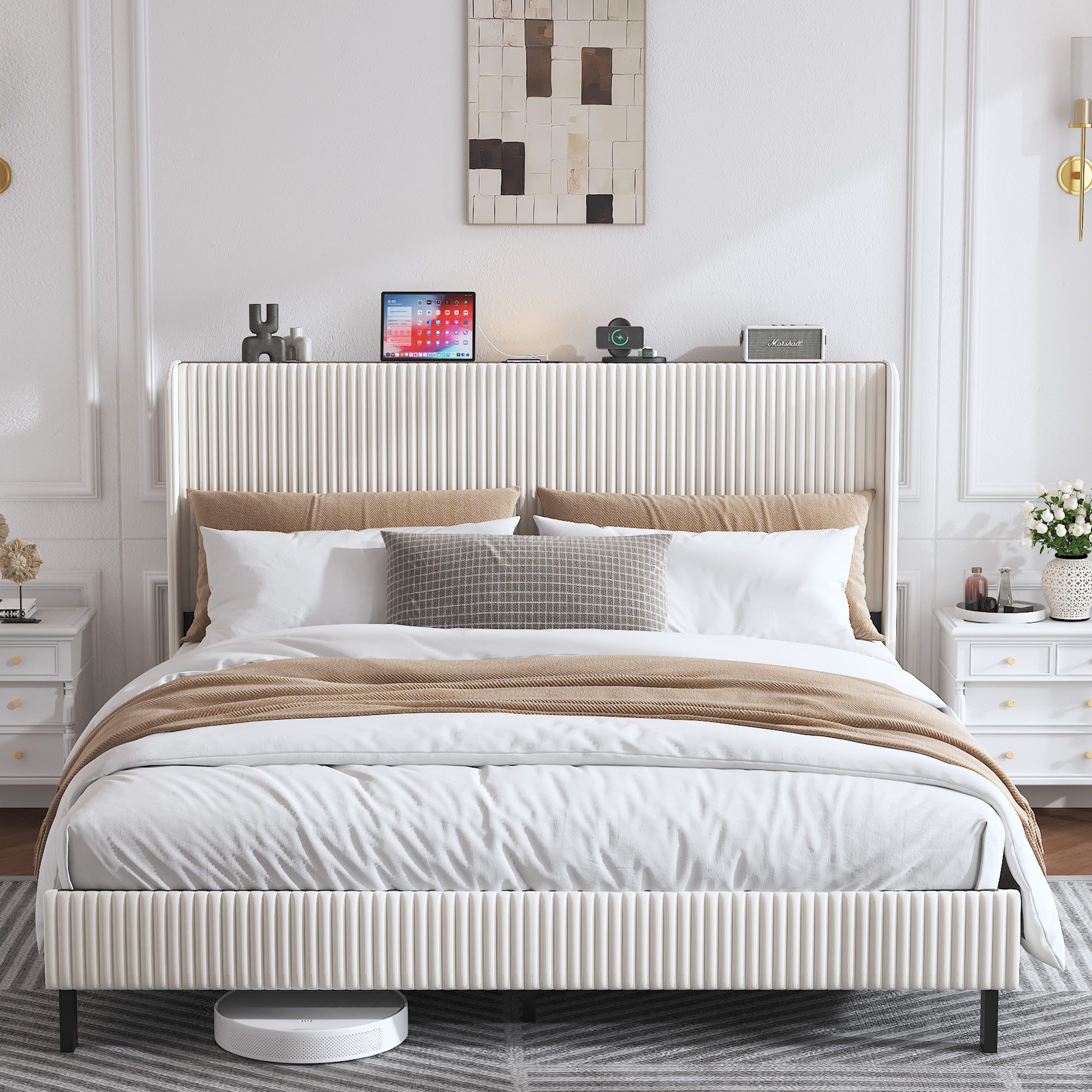 Odikalo Polsterbett Doppelbett 180x200 mit Kopfteil (Bettrahmen 180x200 gepolstertes Plattformbett mit Stoffköpfchen, Flügelkantendesign/Nicht-Rutsch- und Rausc – Bild 2 von 5