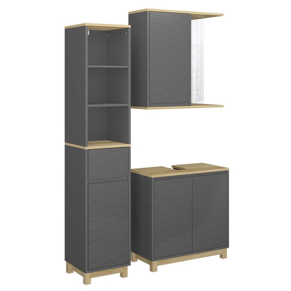 Badmöbel-Set Livia, Anthrazit/Eiche, 3 Teile, mit Hochschrank