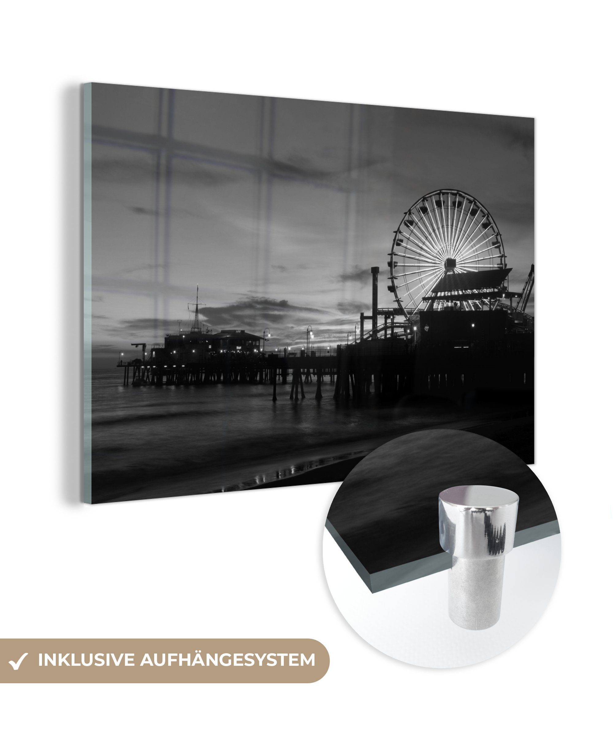 MuchoWow Acrylglasbild Riesenrad - Los Angeles - Schwarz - Weiß, (1 St), Acrylglasbilder Wohnzimmer & Schlafzimmer