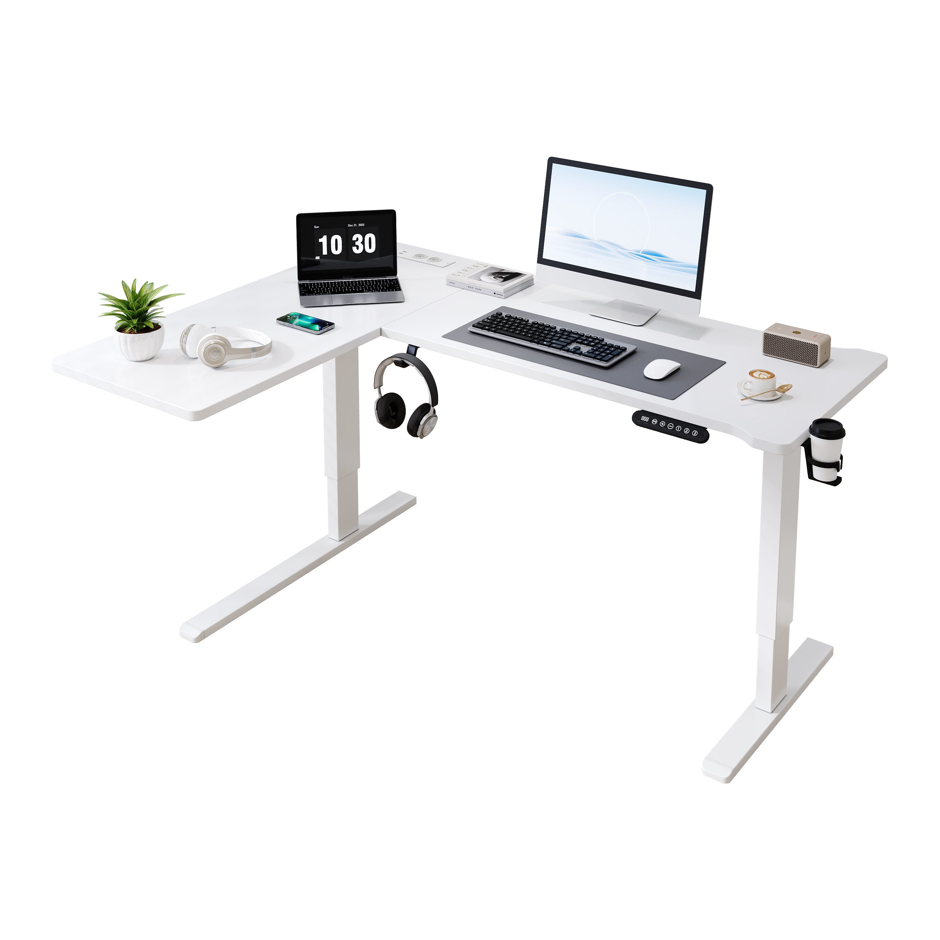 BBWL Computertisch Elektrischer höhenverstellbarer Schreibtisch mit 15 mm P2-Spanplatte (Packung, 2 AC + 2 USB Anschlüssen, Becherhalter & Kopfhörerhaken), 73–118 cm höhenverstellbar