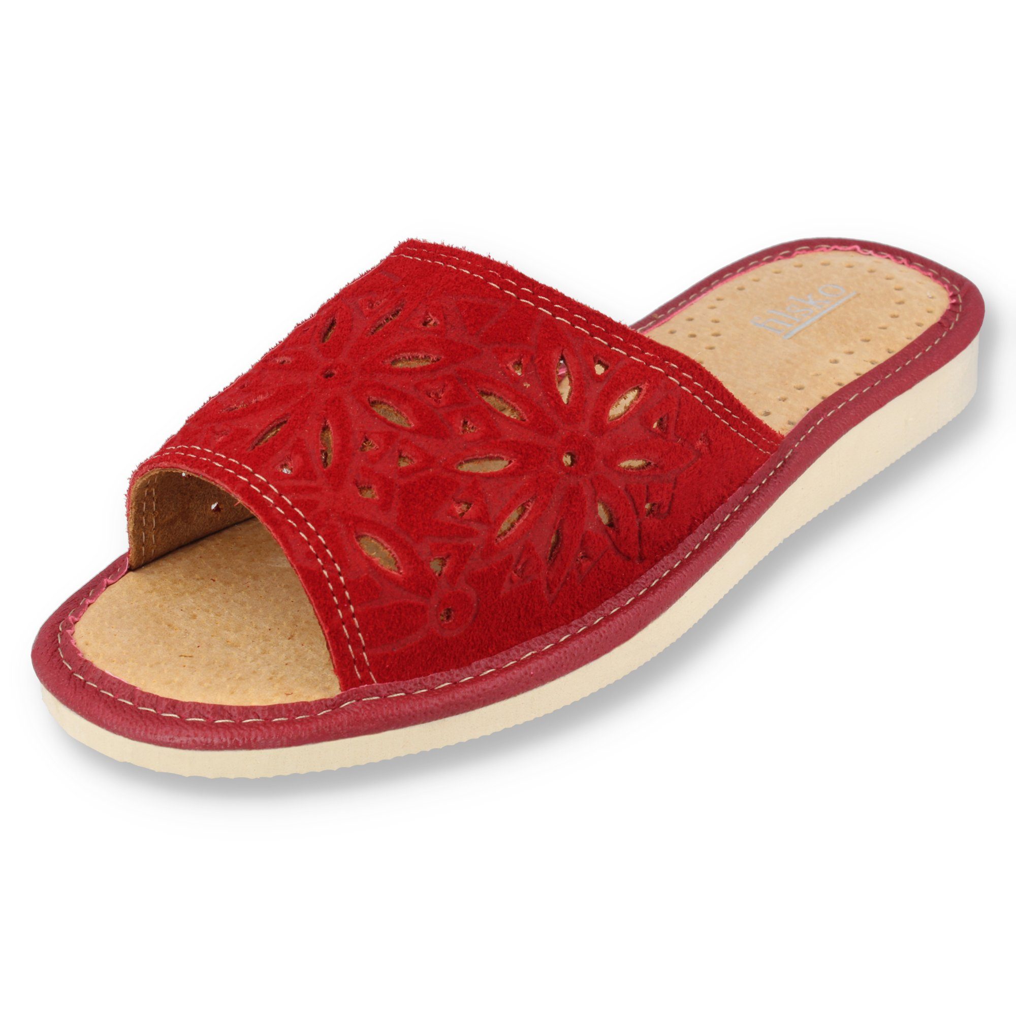 filsko Zafra Damen Hausschuh Veloursleder mit Blumenmuster, offene Pantoletten, Slip-On
