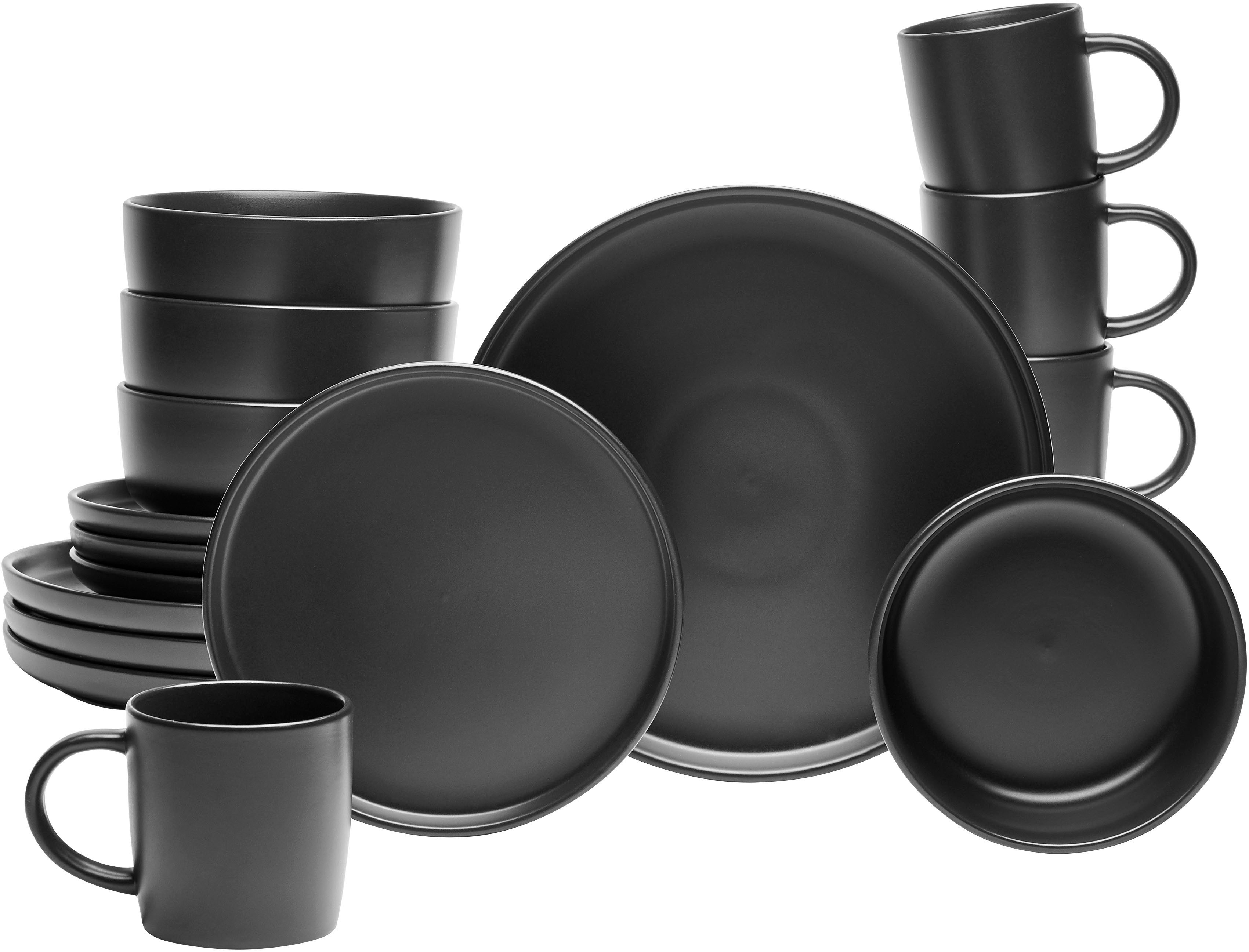 van Well Комбинированное обслуживание Geschirr-Set, Service Nero (16-tlg), 4 Personen, Steingut, runde Form, schwarz, spülmaschinen- und mikrowellengeeignet