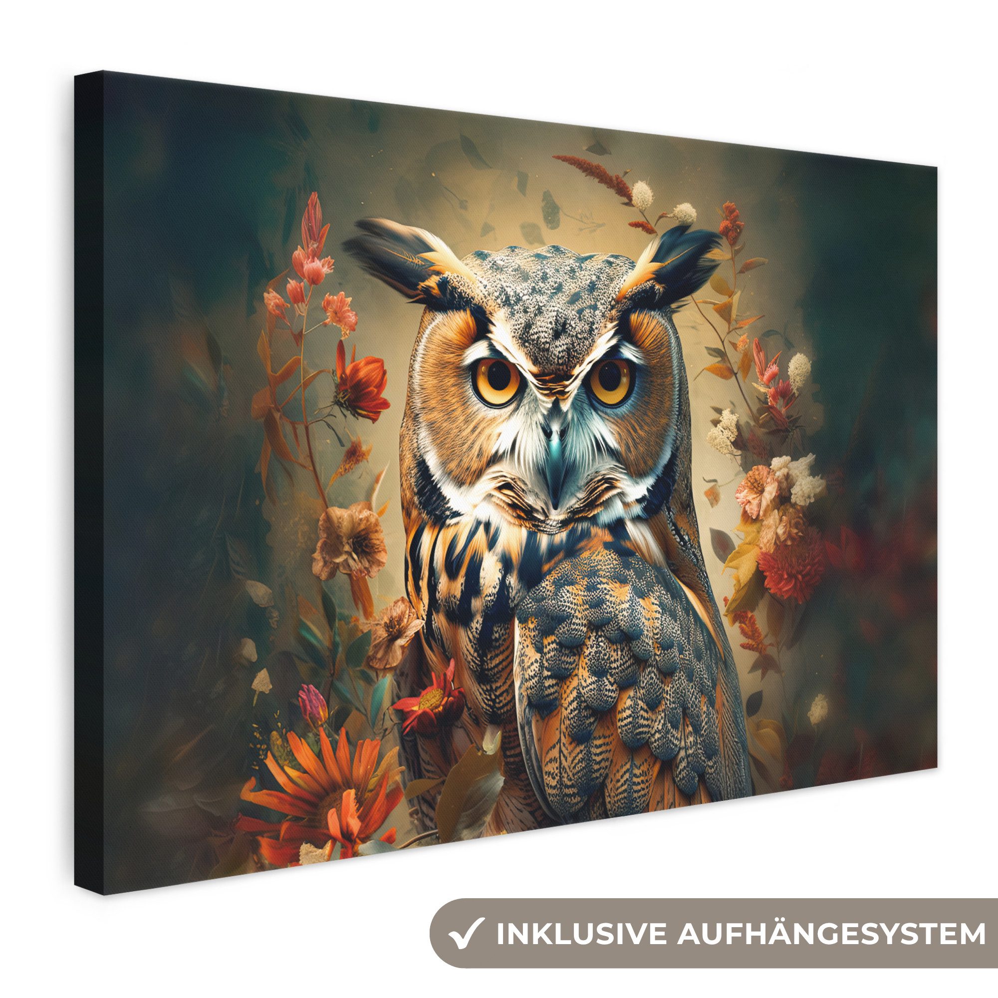 OneMillionCanvasses® Leinwandbild Eule - Vogel - Blumen - Botanisch, Fotodruck (1 St), Leinwand Bilder Klein, Wand Dekoration Aesthetic 30x20 cm