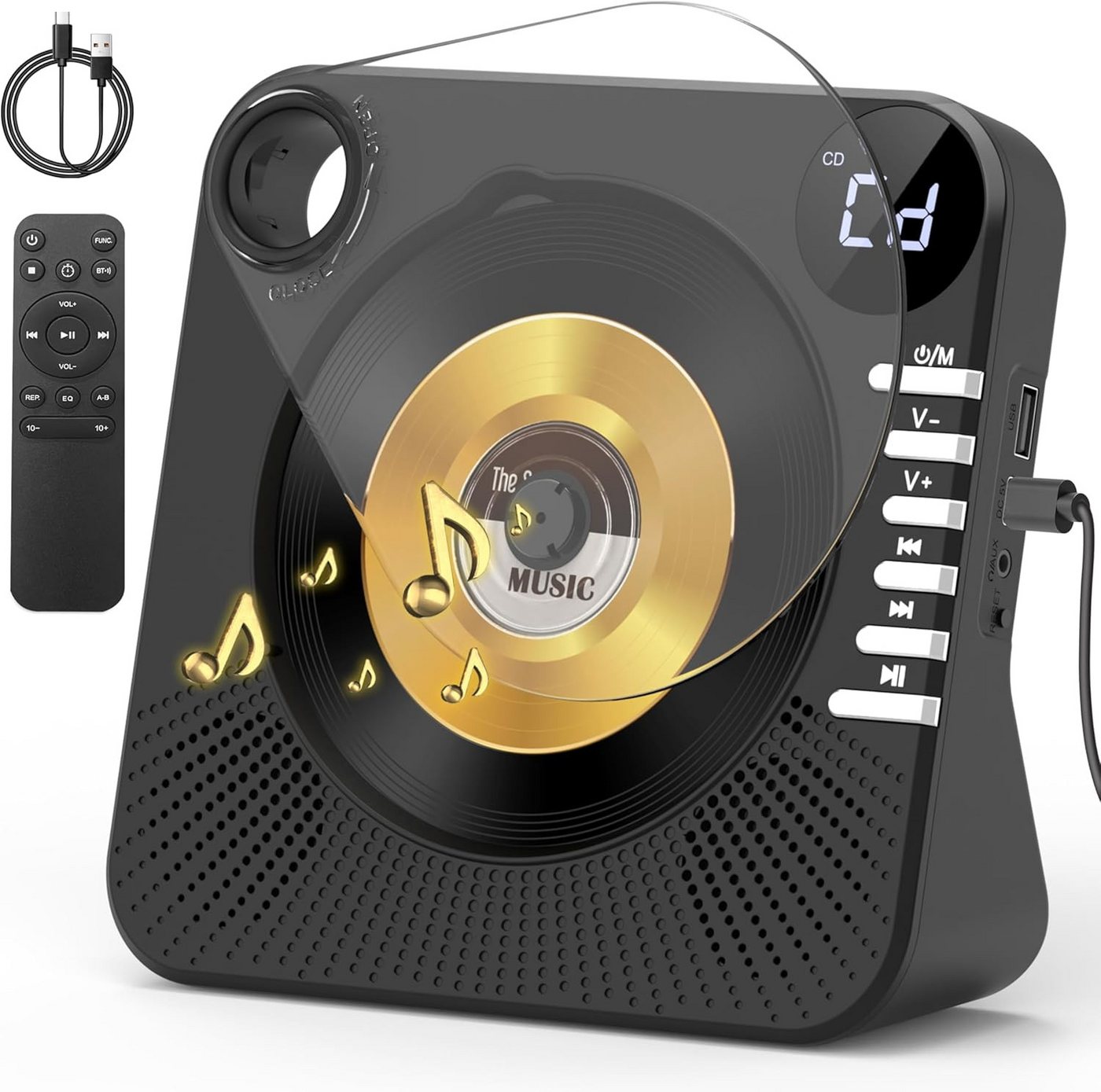 AKKEE Tragbarer CD-Player mit Bluetooth, USB/AUX-Anschluss und LCD-Display CD-Player (Tragbarer cd Player für Zuhause)