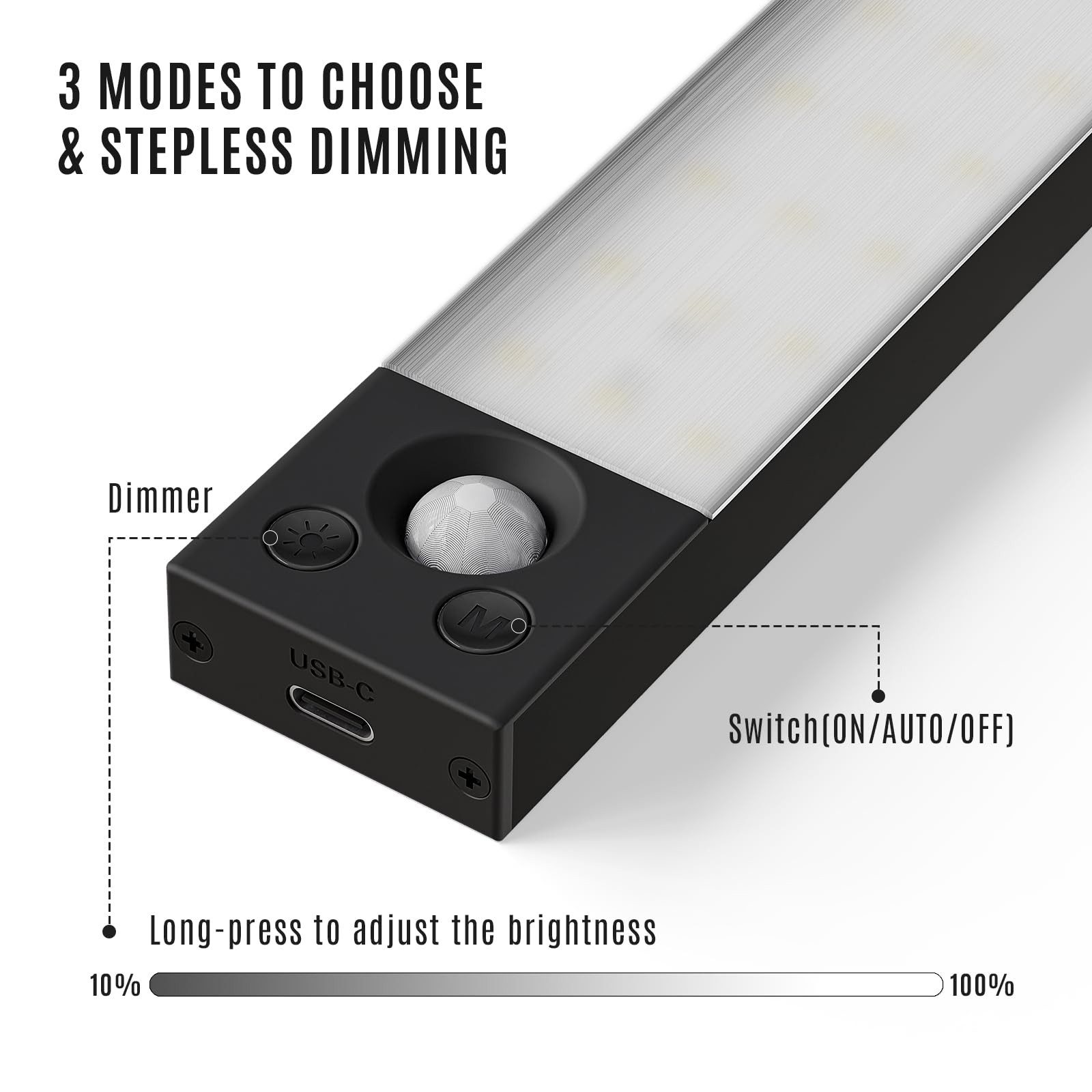 LQWELL LED Unterbauleuchte mit Bewegungsmelder, Dimmbar, Akku, USB-C Wiederaufladbar Schranklicht, LED fest integriert, Treppenlicht Nachttischlampe 22,5 cm, 1500 mAh, 22,5 cm, 1500 mAh, Schwarz, für Küche, Kleiderschrank, Schlafzimmer