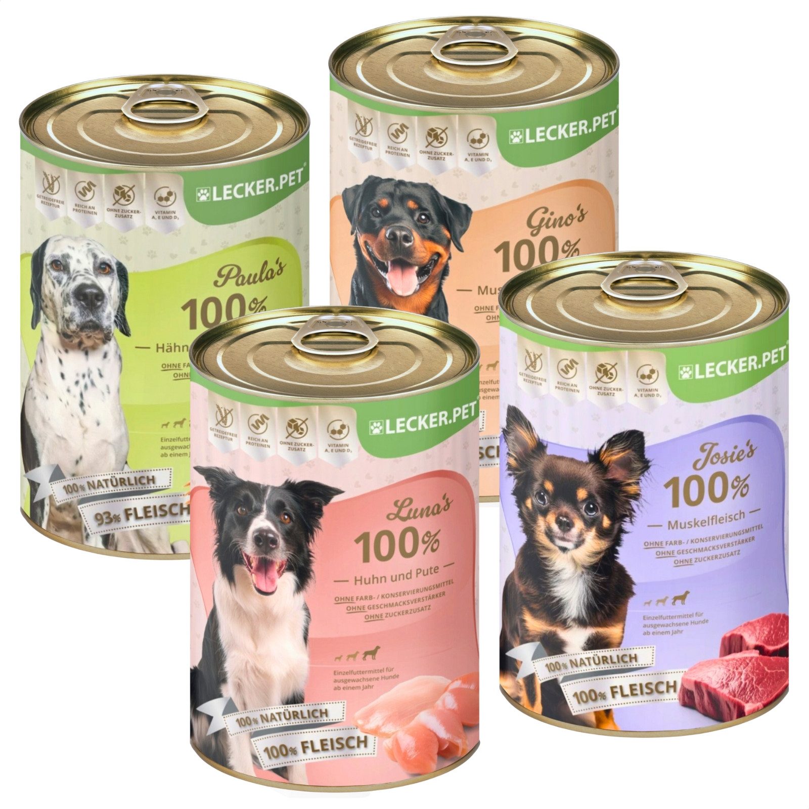 Lecker.Pet 24x400g Lecker.Pet® Gino's, Josie's, Luna's & Paula's Fleisch & Gemüse Huhn, Nassfutter für: Hund