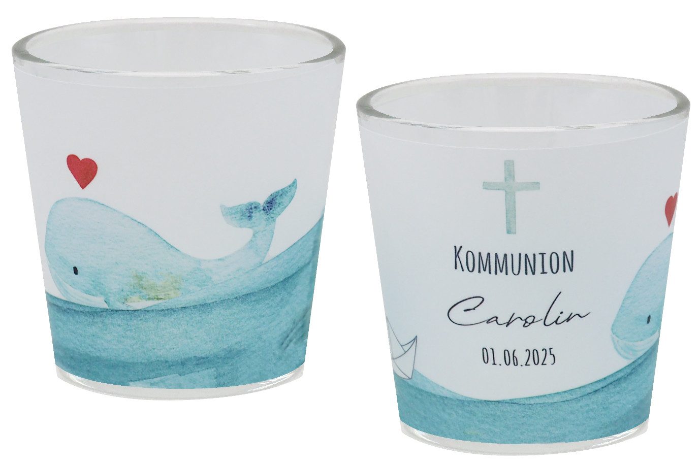 Windlicht Windlicht Wal Papierboot Blau Kommunion Konfi PERSONALISIERT 7,5cmH