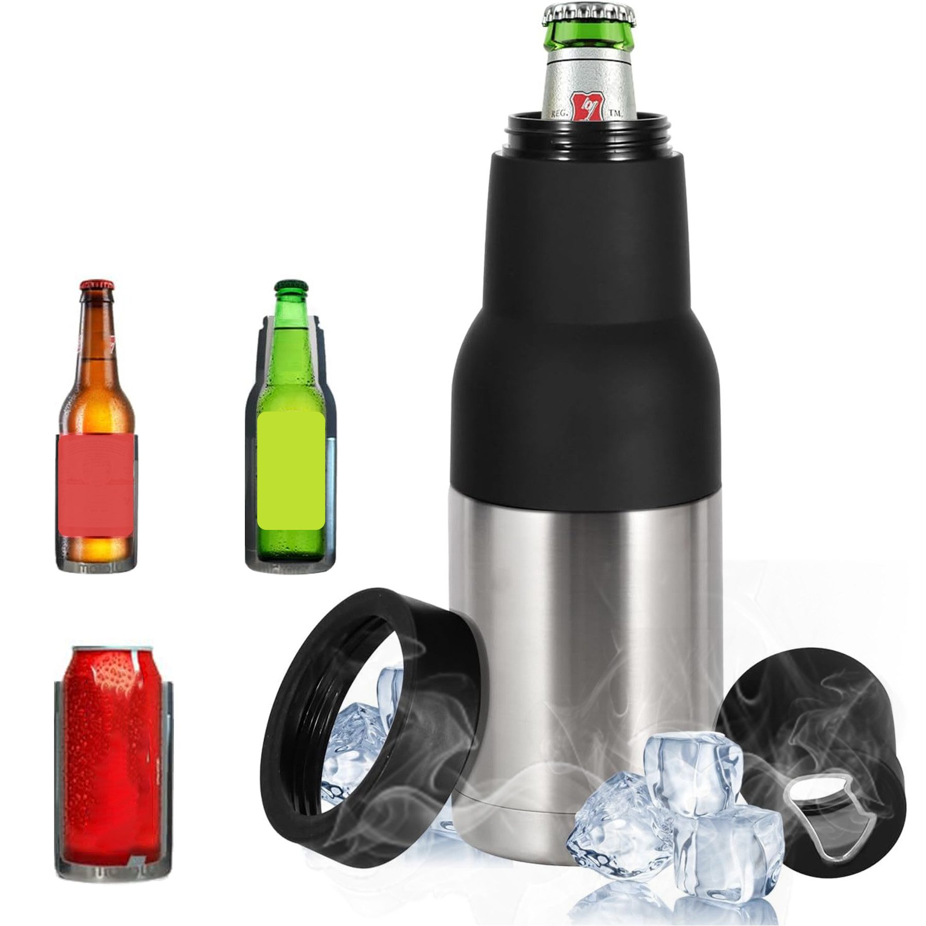 Keyura Korkenzieher Bierkühler für Flaschen 3in1 Bierflaschen & Dosenkühler mit Bieröffner, (Vakuumisolierter Bierdosenhalter Edelstahl doppelwandig), für Glasflaschen oder normale Dosen