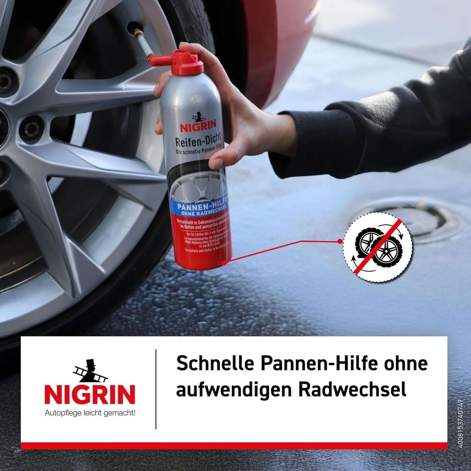 NIGRIN Reifen-Reparaturset Reifendicht 500ml - Die schnelle Pannen-Hilfe Reifen-Reparaturset, für Reifen