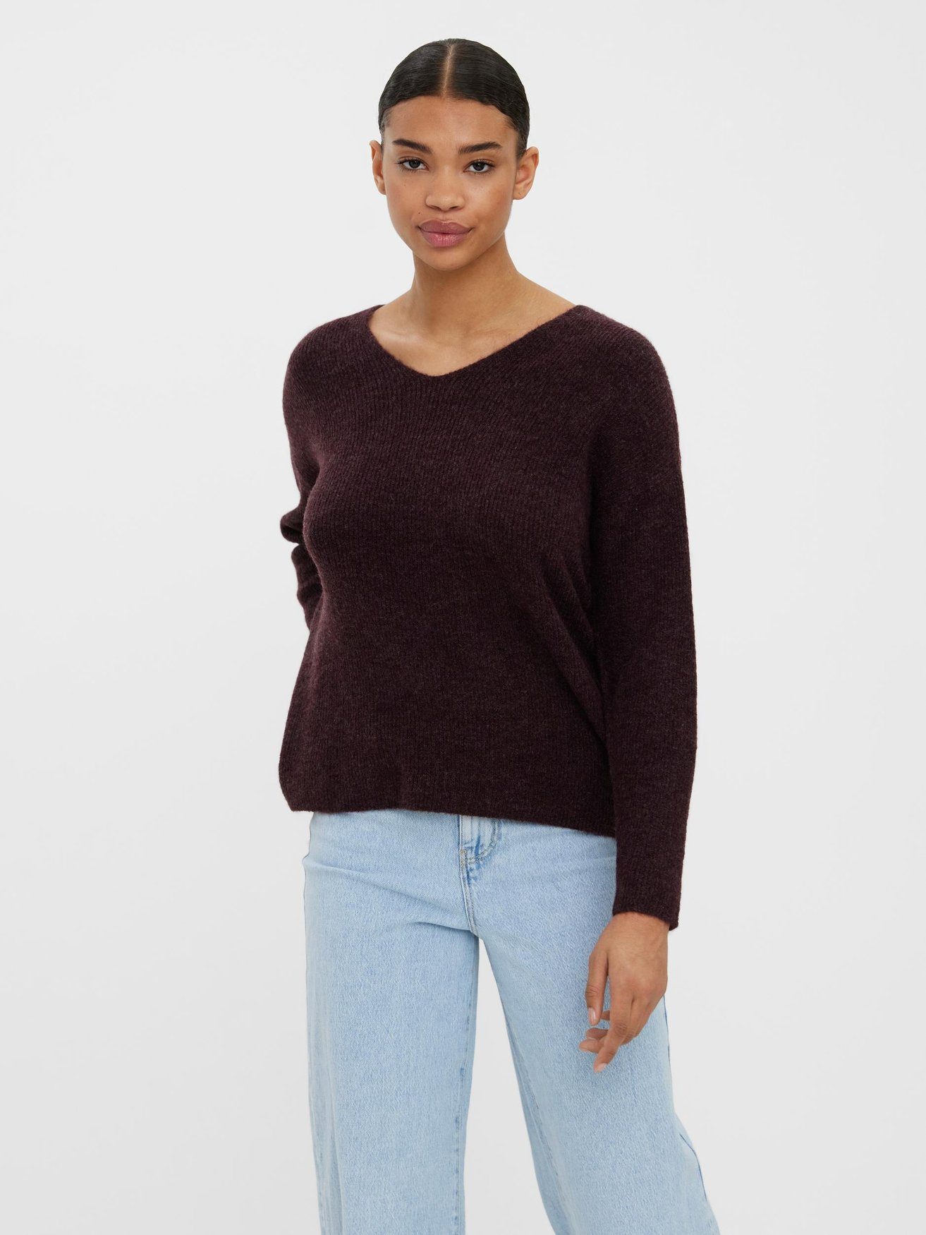 Vero Moda Strickpullover Strickpullover Weinrot V-Ausschnitt VMCREWLEFILE Langarm in 6112 Sweater