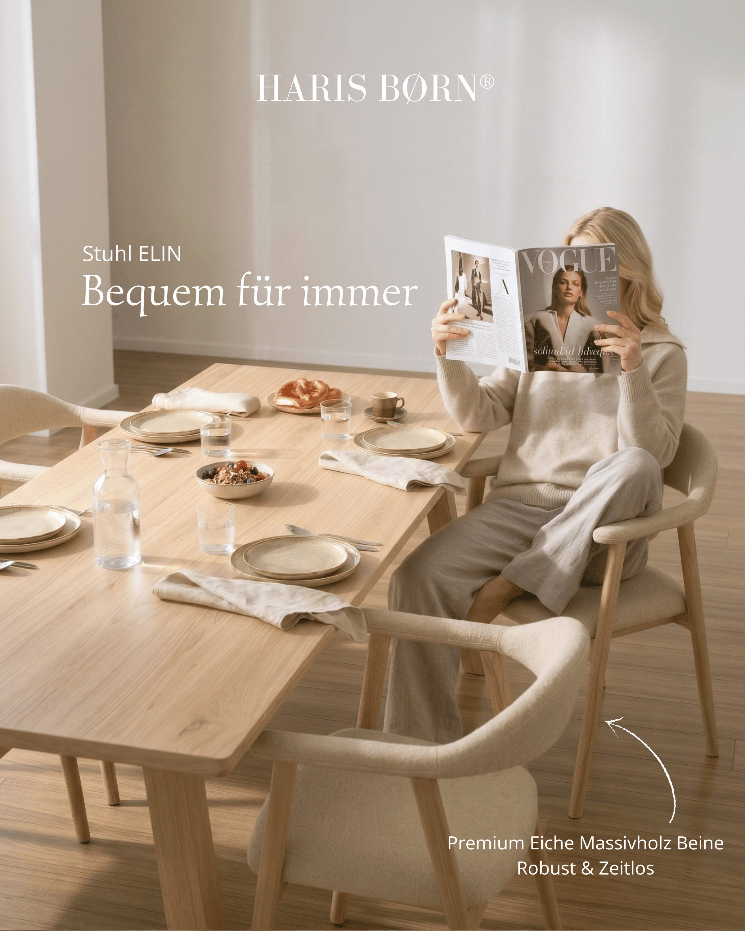 Haris Børn Esszimmerstuhl mit Armlehne (Massiv Eiche) - Polsterstühle für Esszimmer (Set, 2 St), Beige - Esszimmer Stühle & Esstisch Stühle - Moderner Polsterst – Bild 3 von 5