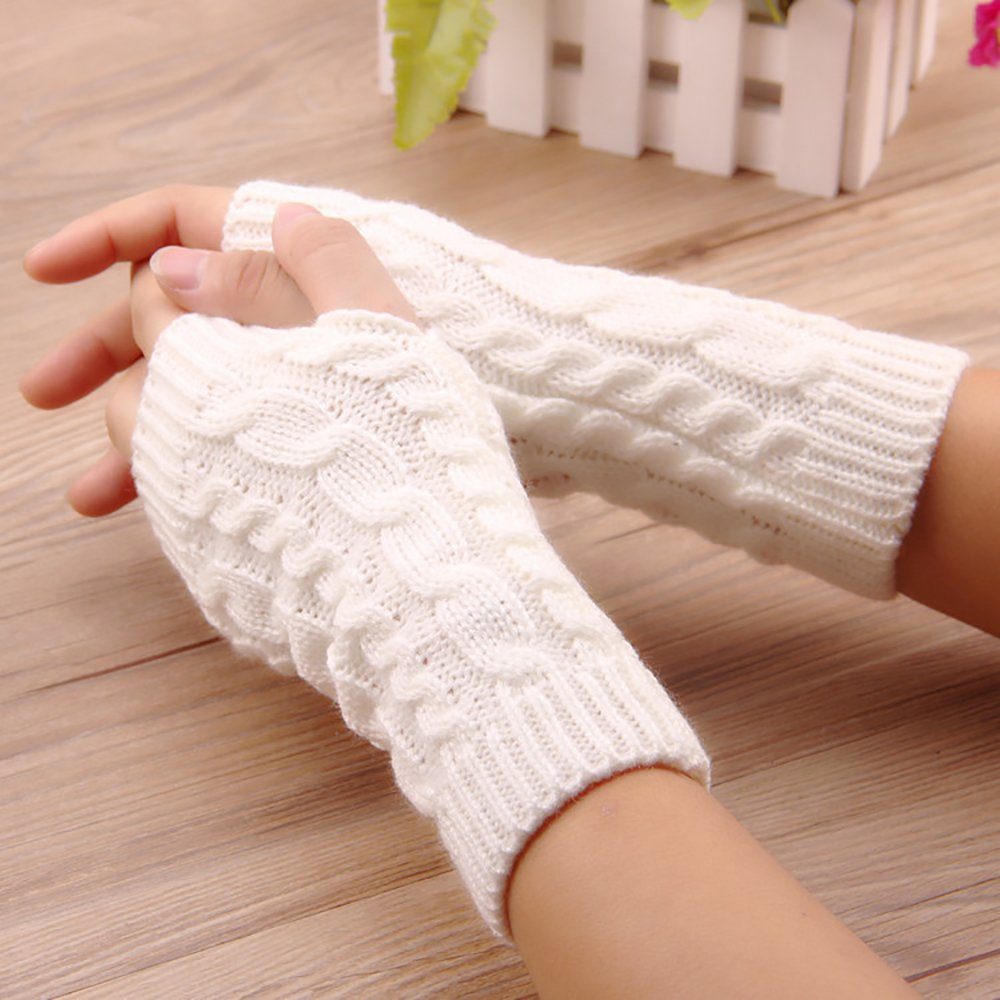 Buling Strickhandschuhe Damen Fingerlose Handschuhe Armstulpen (20*6cm) Strickhandschuhe mit Daumenloch-Handgelenkschutz weiß