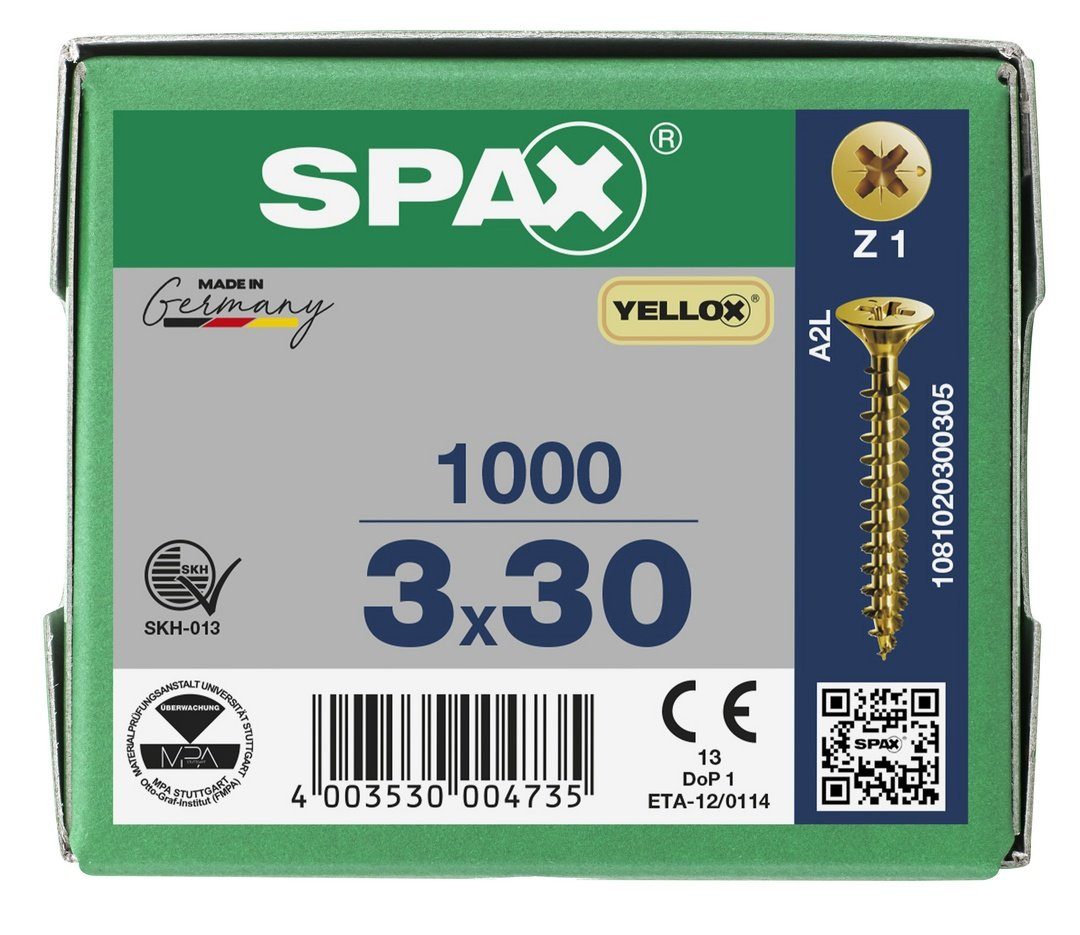 3x30 1000 Universalschraube, SPAX mm (Stahl verzinkt, gelb Spanplattenschraube St),