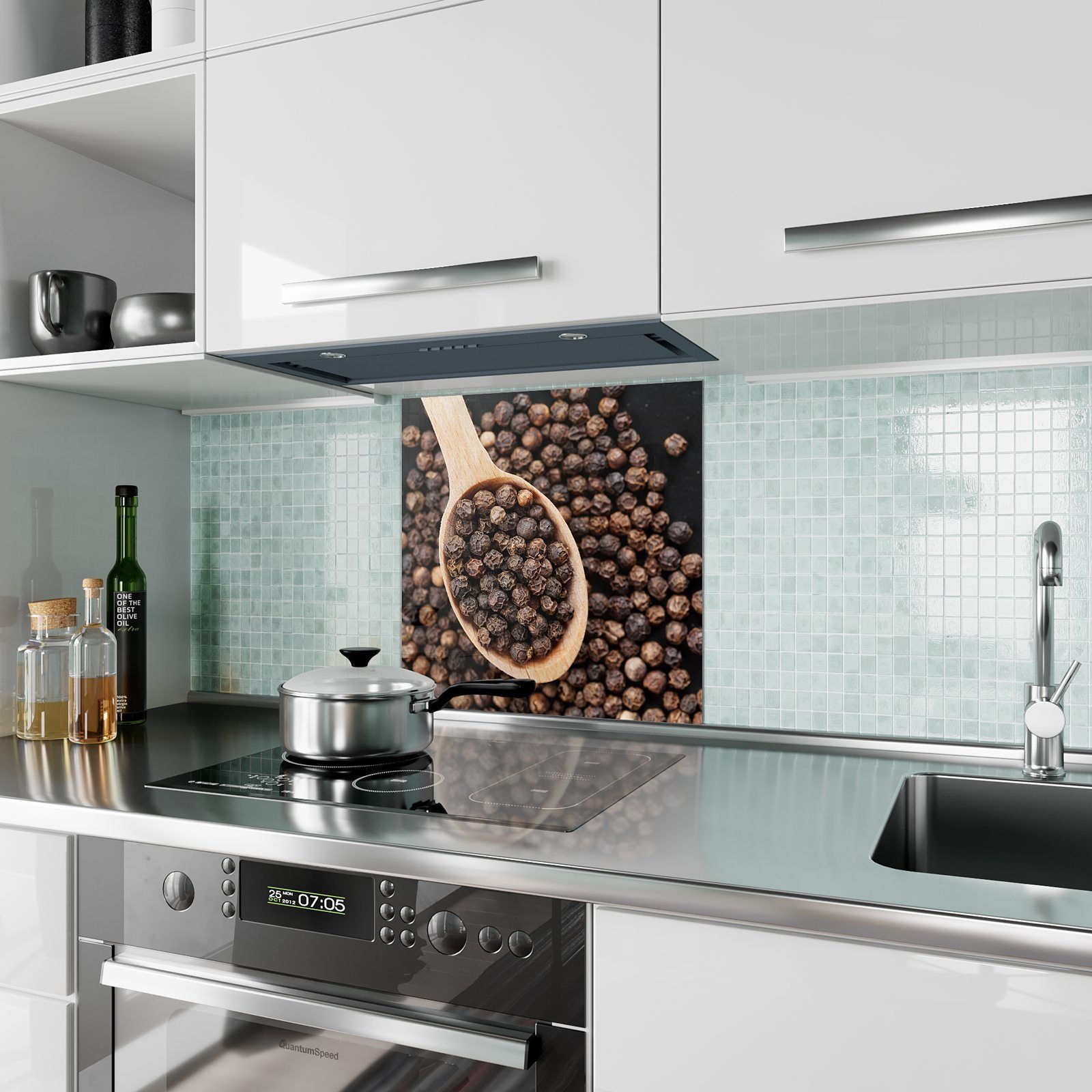 Glas Löffel Pfeffer Motiv Primedeco Spritzschutz auf mit Küchenrückwand Küchenrückwand