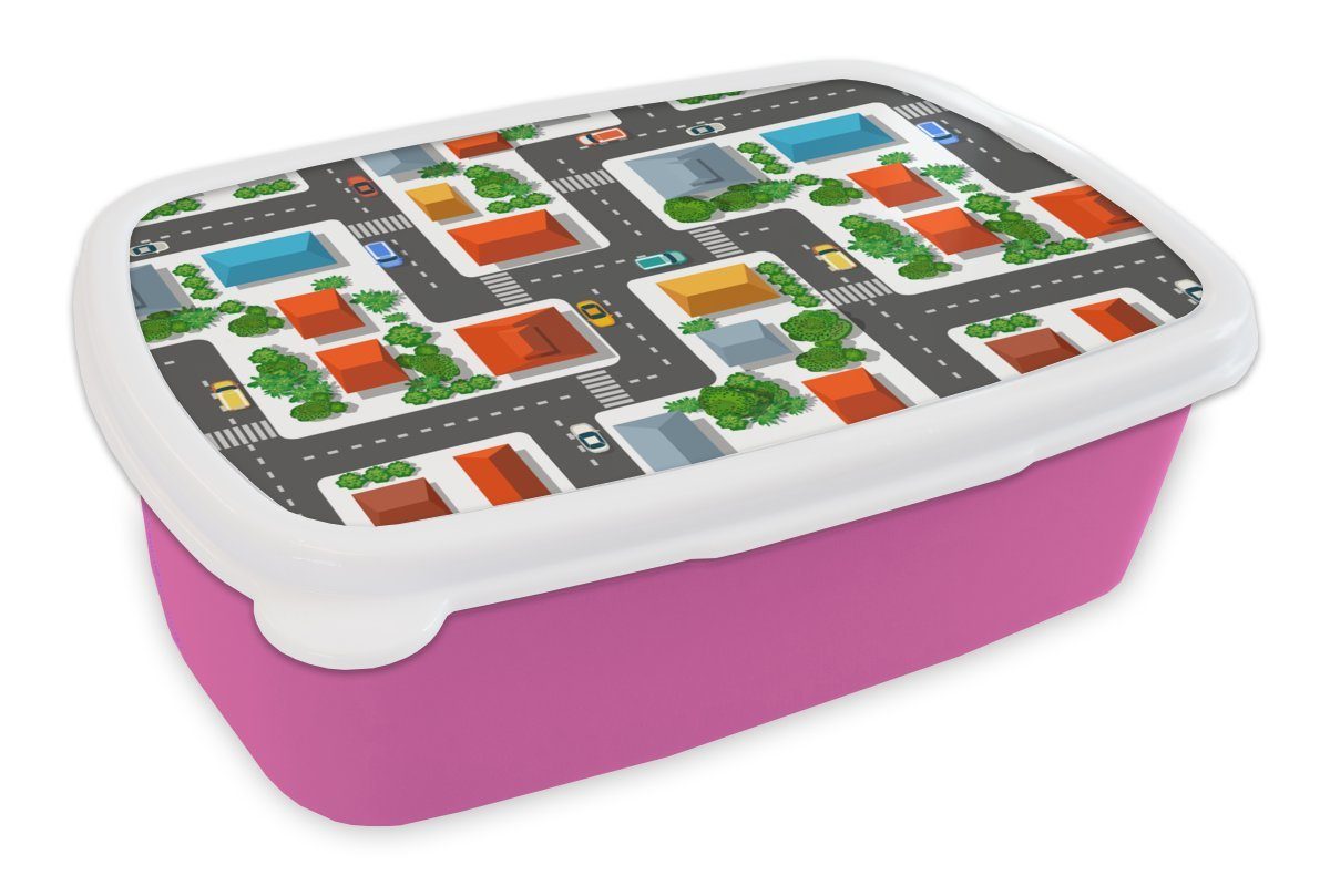MuchoWow Lunchbox Muster - Auto - Zuhause - Jungen - Kinder - Kinder, Kunststoff, (2-tlg), Brotbox für Erwachsene, Brotdose Kinder, Snackbox, Mädchen, Kunststoff rosa