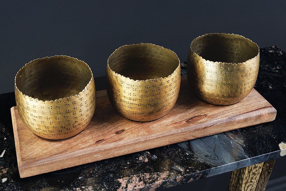 riess-ambiente Dekoschale ORIENT 45cm gold · Ablageschalen aus Metall mit Massivholz-Tablett (Set, 3 St), Teelichthalter · handmade · Schmuckschale · Accessoire · Wohnzimmer
