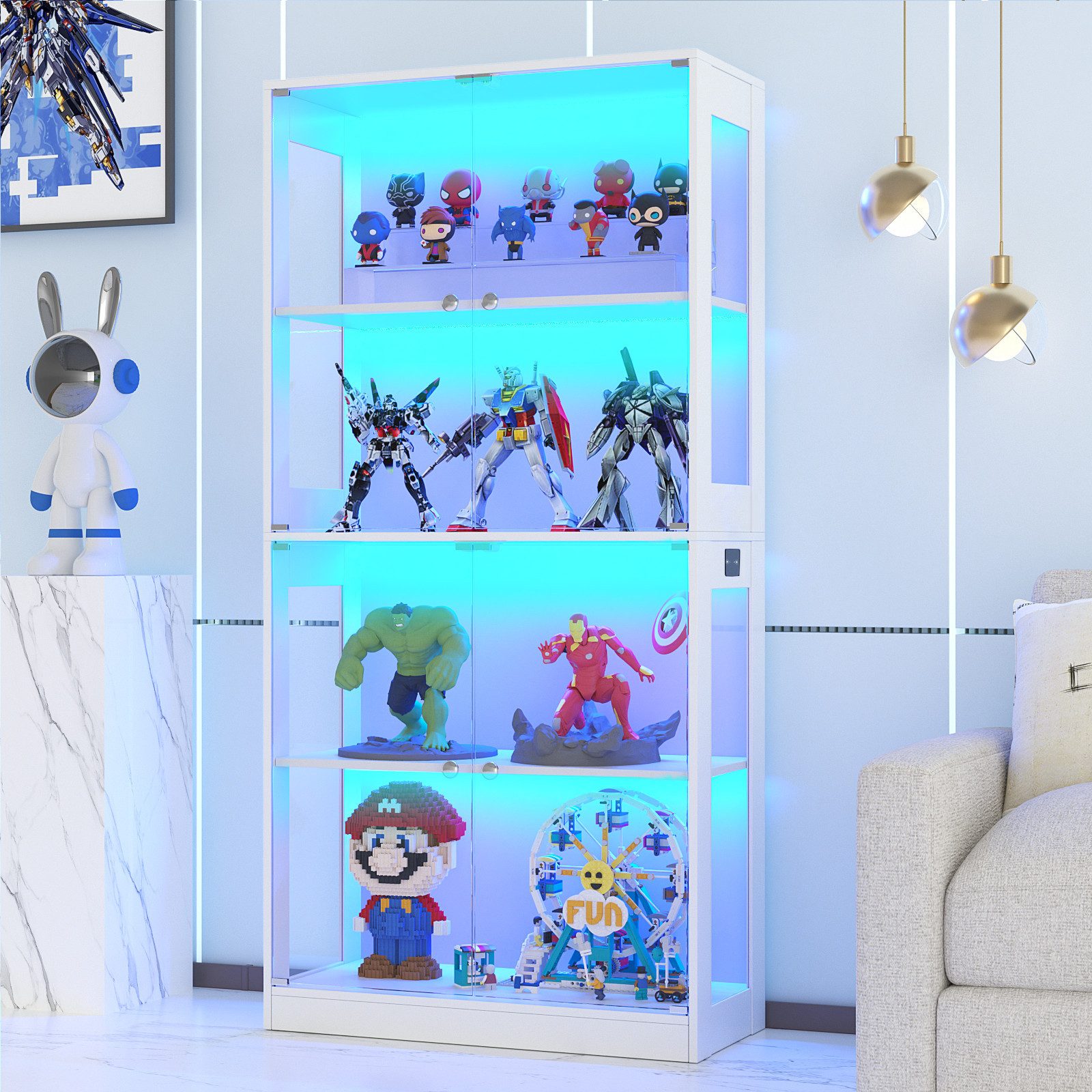 VOWNER Glasvitrine mit 3-Farben-LED-Beleuchtung, Vitrine für Spielzeug/Bücher/Deko (1-St) 360°-Sicht, Explosionssichere Tür, 4 Regale, 80x165x35 cm