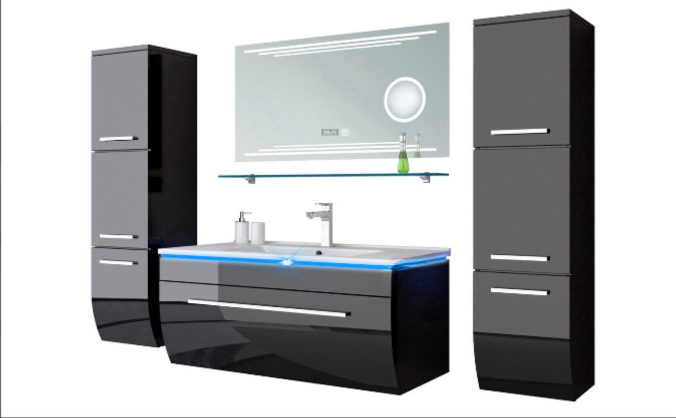 Homeline Badmöbel-Set Badmöbel Set Hochglanz lackiert 6 TLG 70 cm Schwarz Led Touch, (Spar-Set, Sechsteiliges Set), Hochglanz lackiert Schon vormontiert