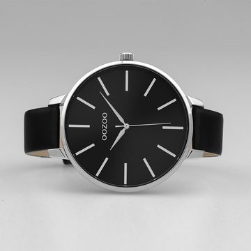 OOZOO Quarzuhr Oozoo Damen Armbanduhr schwarz Analog, Damenuhr rund, extra groß (ca. 48mm) Lederarmband, Casual-Style