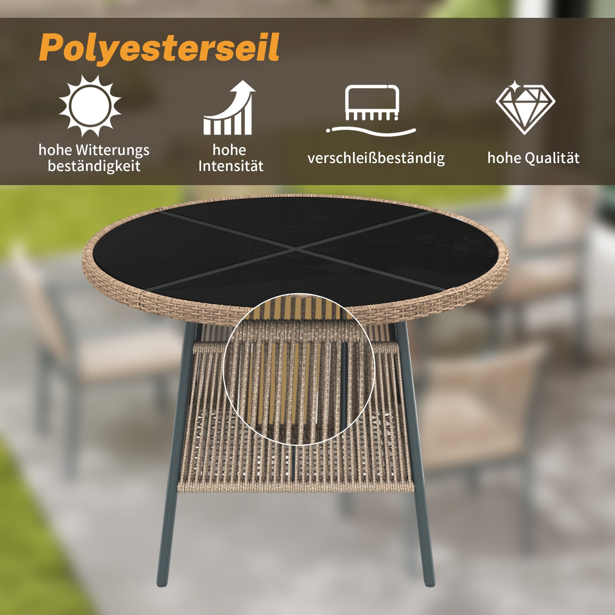 Odikalo Gartenlounge-Set Gartenmöbel-Set aus Rattan, Runder Glastisch + 4 Armlehnstühle, (Eisengestell, Geeignet für Terrasse/Balkon/Deck)