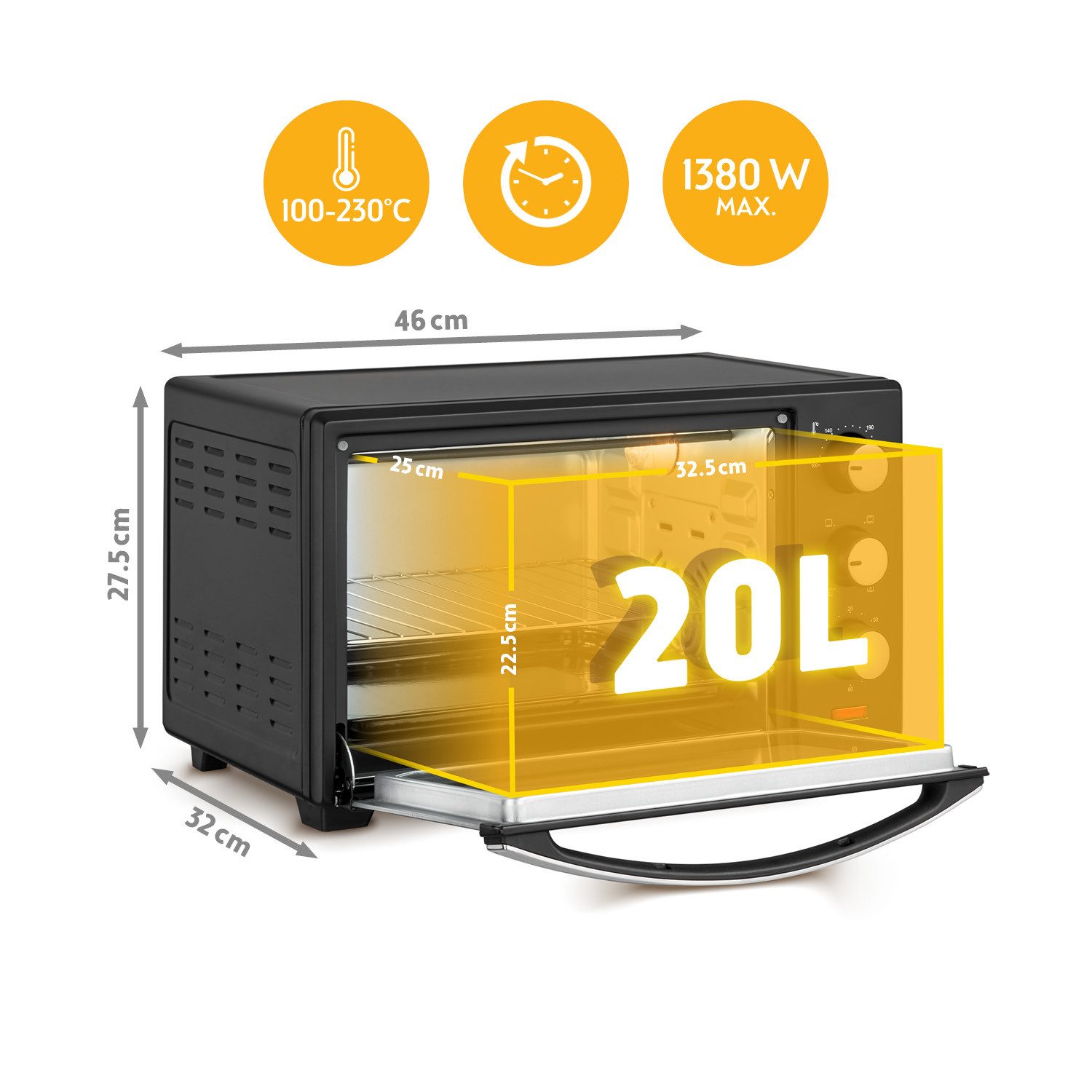 TZS FIRST AUSTRIA Minibackofen 20L 1380W, stufenlose Temperaturregelung bis 230°C, 60 Min Timer, 3 Einschubhöhen, Doppelglastür, Umluftfunktion