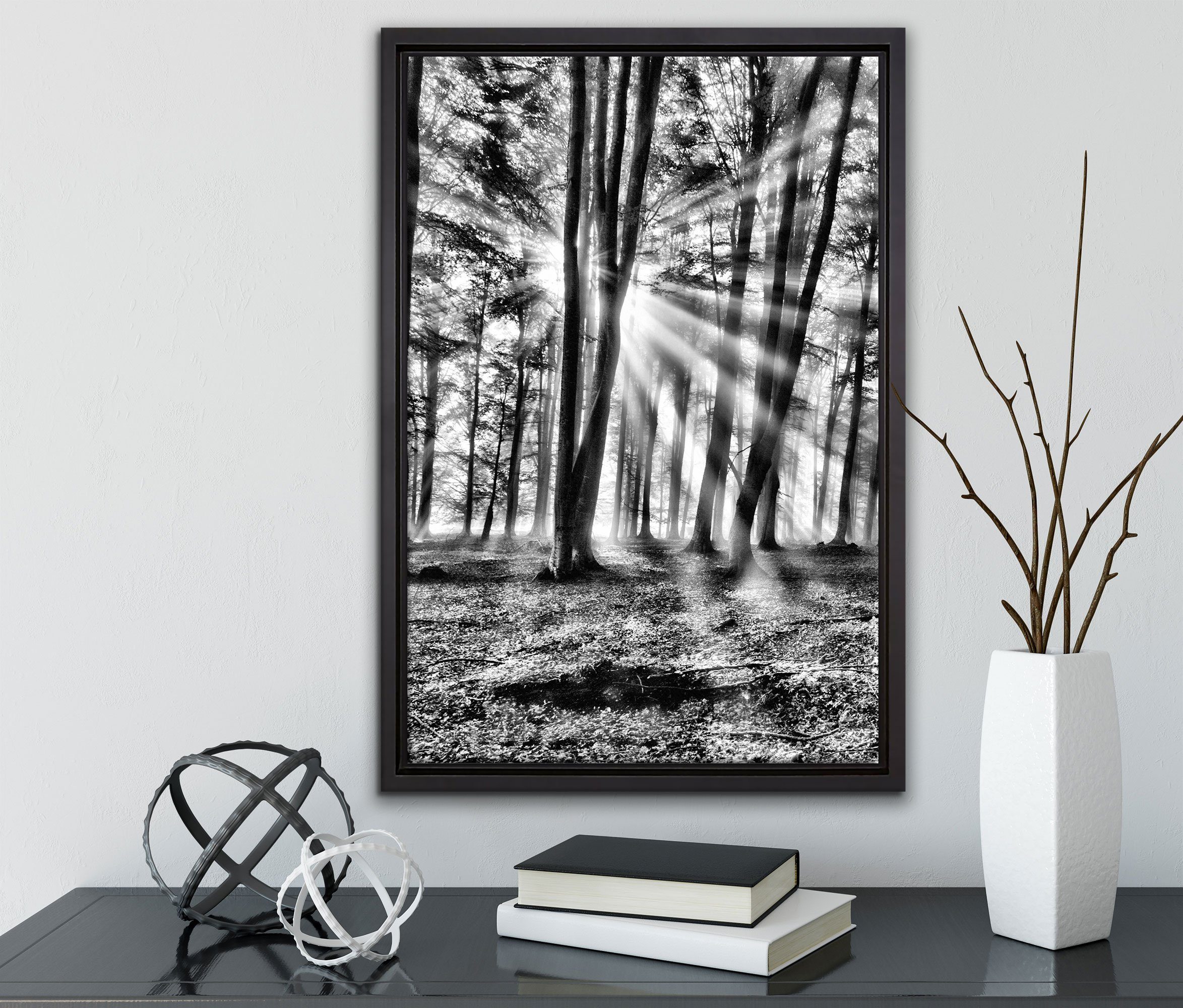 Pixxprint Leinwandbild Waldlichtung im Sonnenschein, gefasst, bespannt, inkl. einem Zackenaufhänger Schattenfugen-Bilderrahmen St), Wanddekoration in Leinwandbild (1 fertig